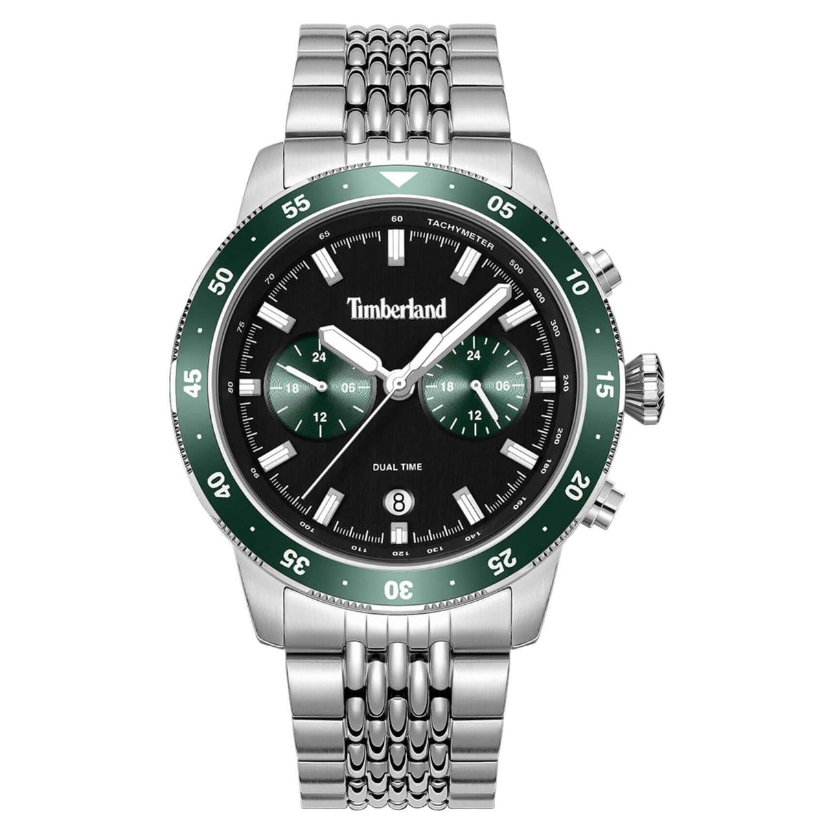 Ανδρικό ρολόι Timberland Parkman TDWGK0094304 με ασημί ατσάλινο μπρασελέ, πράσινο καντράν 44 mm, ένδειξη ημερομηνίας, διπλής ώρας και στεγανότητα 5ATM.