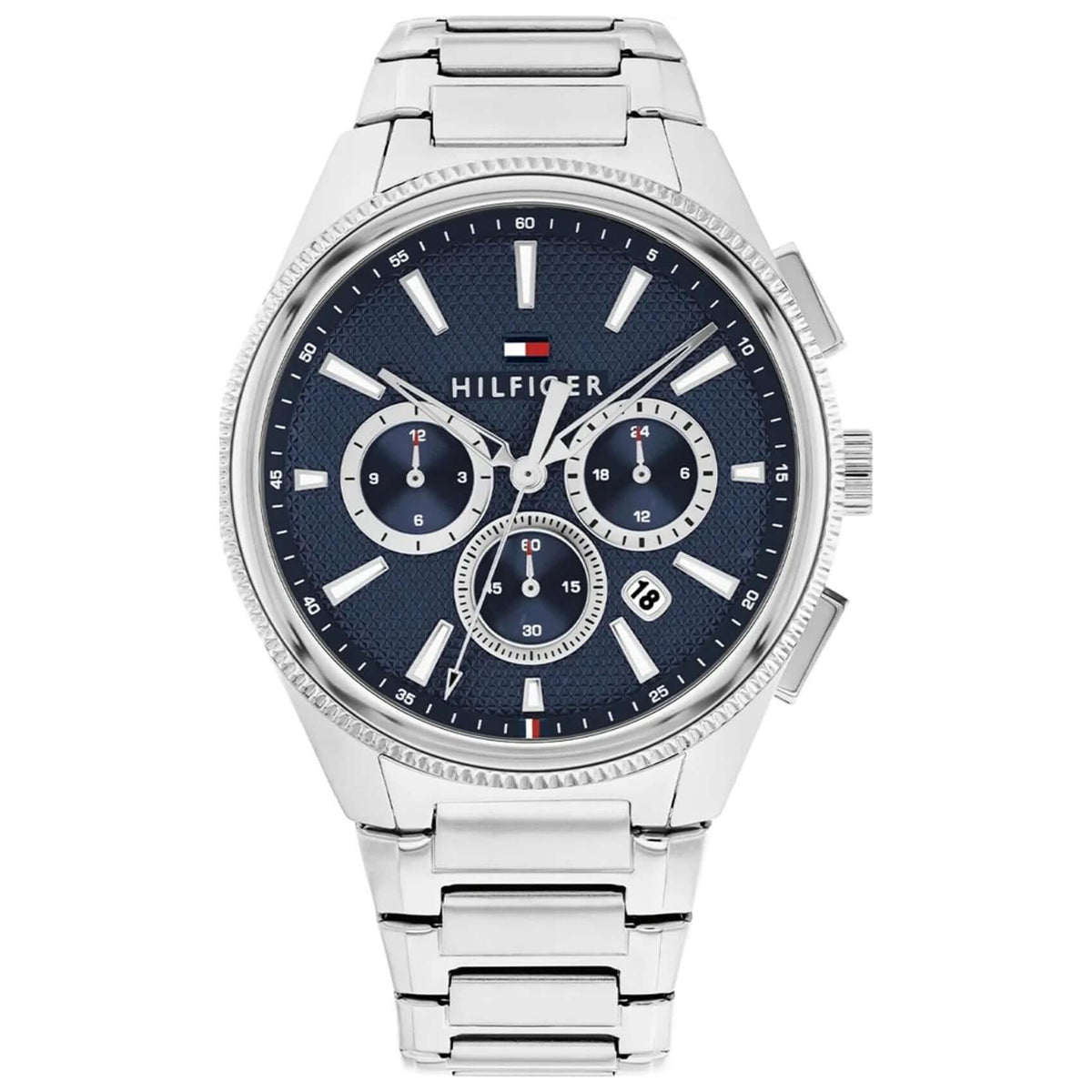 Ανδρικό ρολόι Tommy Hilfiger Sam 1792253 χρονογράφος με ασημί μπρασελέ και μπλε καντράν 43mm με ένδειξη ημερομηνίας.