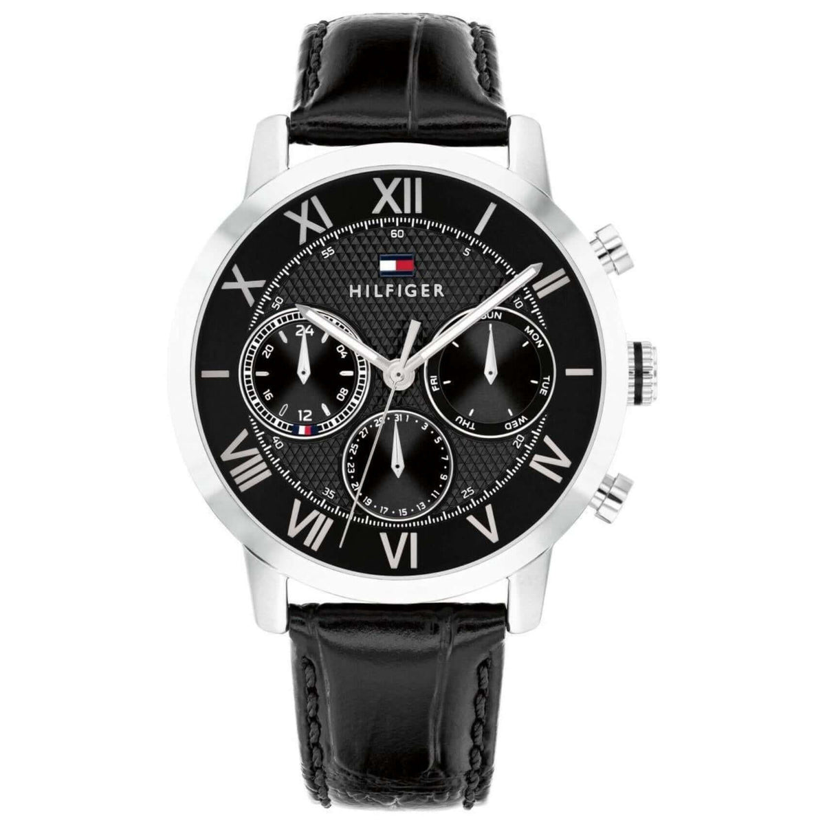 Ανδρικό ρολόι Tommy Hilfiger TH-Oxford 1710725 με μαύρο δερμάτινο λουράκι και μαύρο καντράν 42mm.