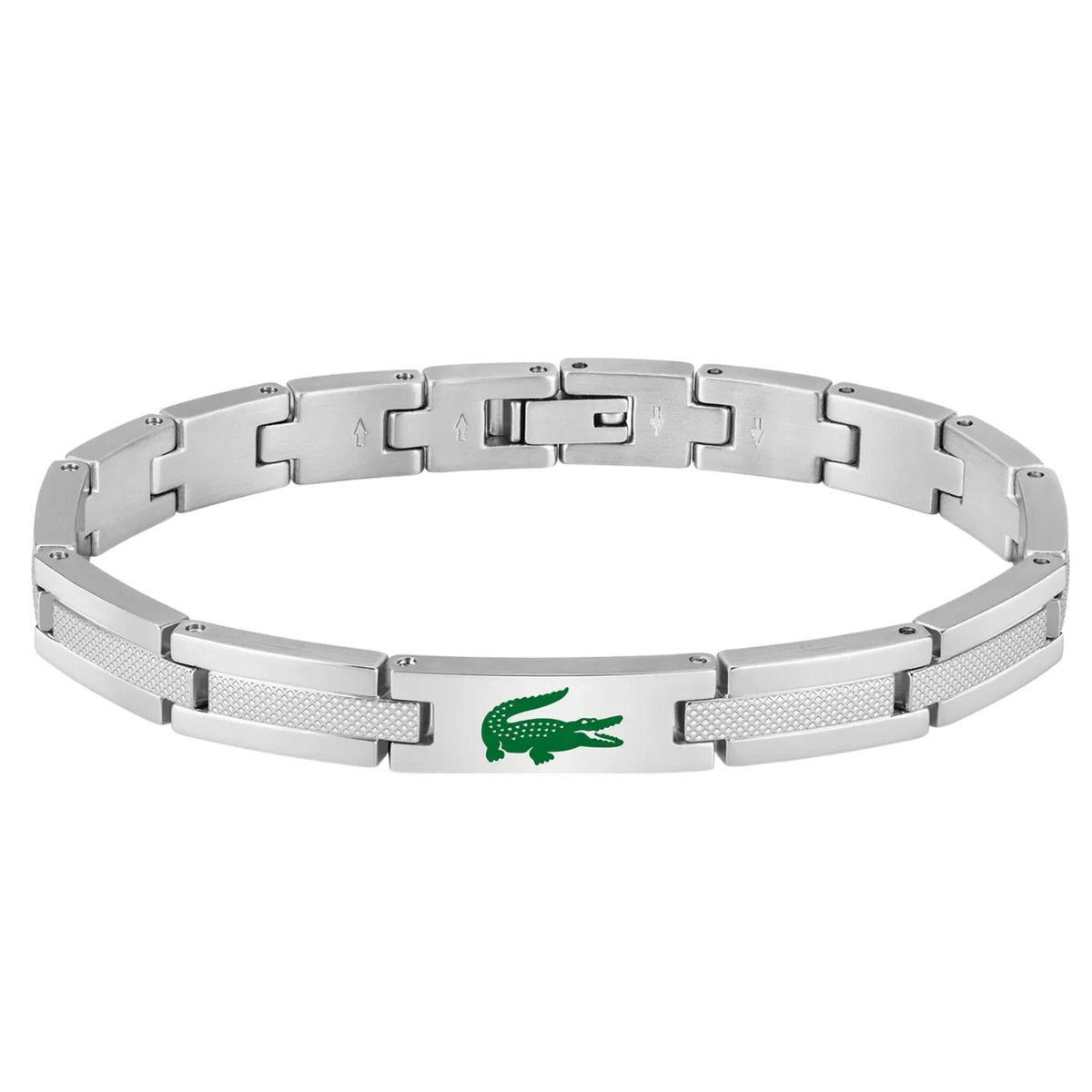 Ανδρικό βραχιόλι Lacoste Stencil 2040625 σε ασημί χρώμα από ανοξείδωτο ατσάλι με πράσινο λογότυπο, μήκος 19cm