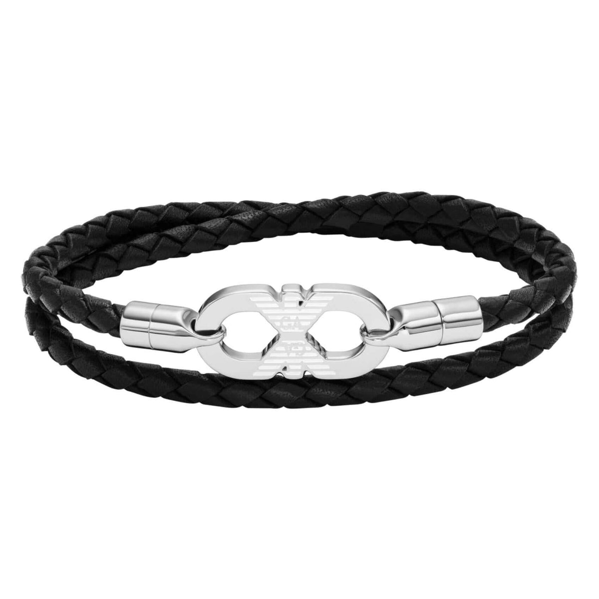 Ανδρικό βραχιόλι Emporio Armani Eagle Logo EGS3299040 από μαύρο δέρμα με ατσάλινο στοιχείο σε ασημί χρώμα.
