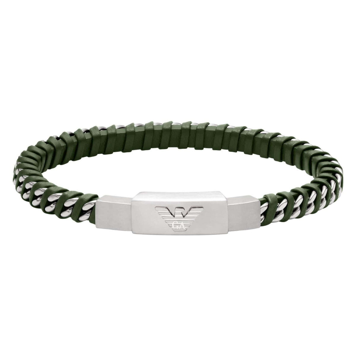 Ανδρικό βραχιόλι Emporio Armani Eagle Logo EGS3320040 με πλεκτό δερμάτινο λουράκι σε πράσινο χρώμα, ασημί λεπτομέρειες και μοτίφ ταυτότητα από ανοξείδωτο ατσάλι σε ασημί χρώμα.