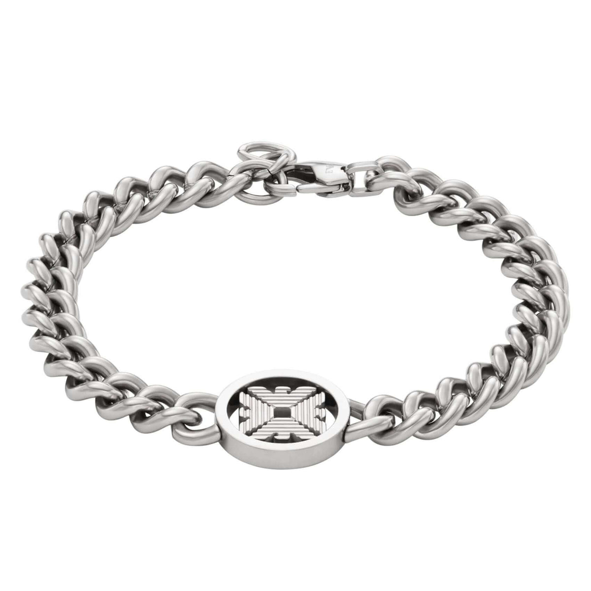 Ανδρικό βραχιόλι Emporio Armani EGS3041040 από ανοξείδωτο ατσάλι σε ασημί χρώμα με σχέδιο κρίκο-κρίκο και στρογγυλό κούμπωμα ασφαλείας.