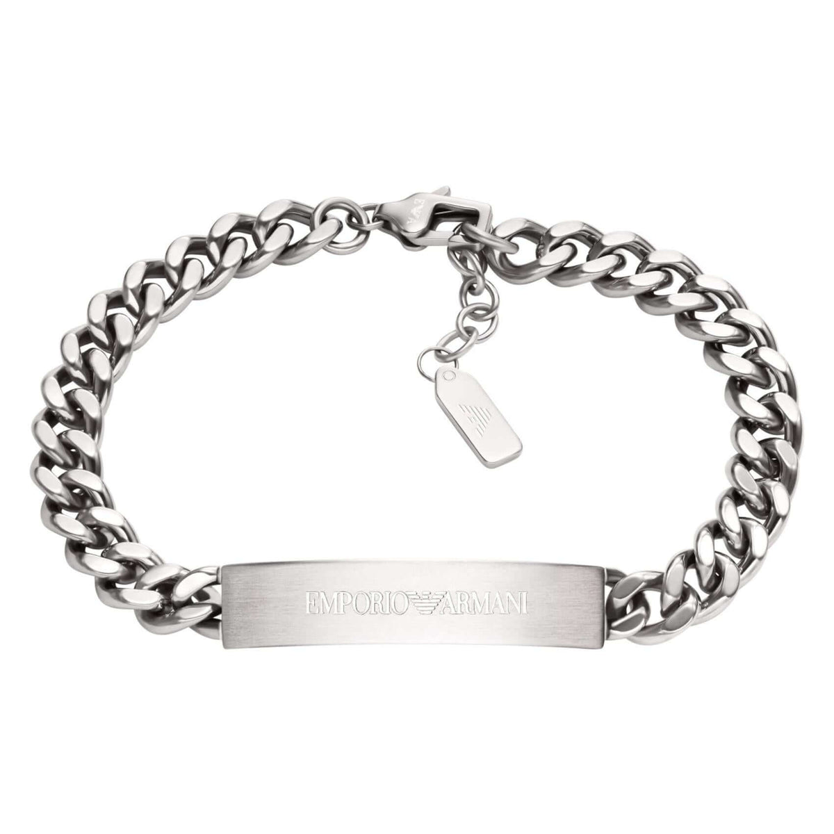 Ανδρικό βραχιόλι Emporio Armani EGS3304040 από ανοξείδωτο ατσάλι σε ασημί χρώμα με σχέδιο αλυσίδας κρίκο-κρίκο και ταυτότητα.