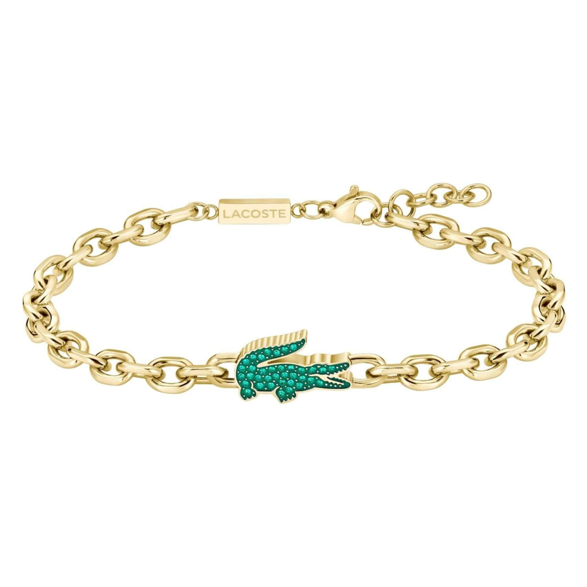 Ανδρικό βραχιόλι Lacoste 2040611 σε χρυσό χρώμα από ανοξείδωτο ατσάλι με πράσινο κροκοδειλάκι και ζιργκόν.