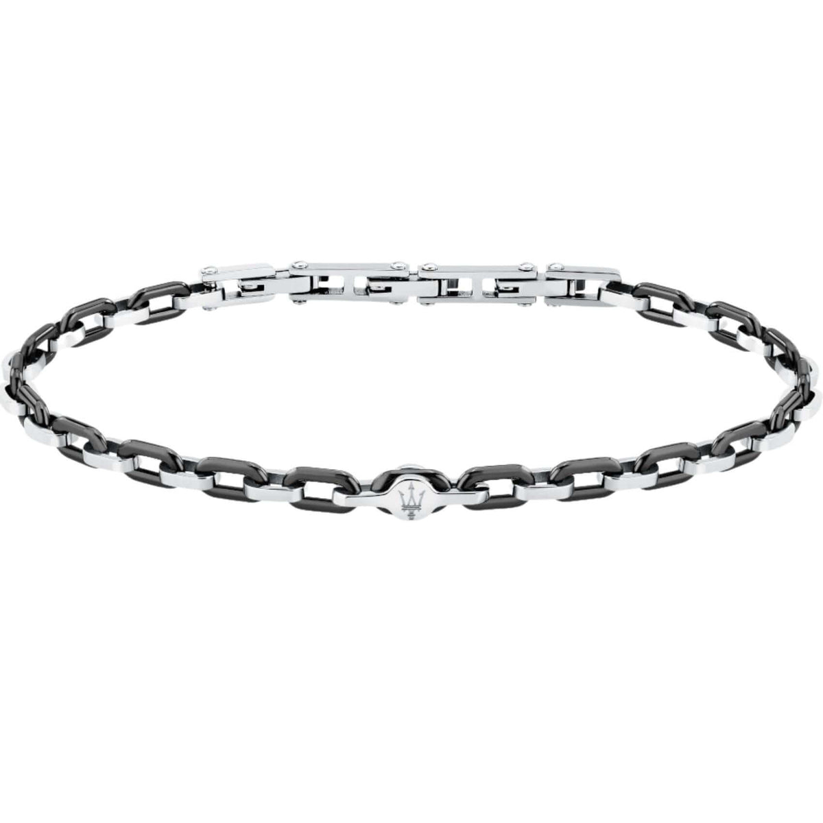 Ανδρικό βραχιόλι Maserati Ceramic JM226ATZ77 από ανοξείδωτο ατσάλι και κεραμικό σε ασημί-μαύρο χρώμα με ασημί τρίαινα.