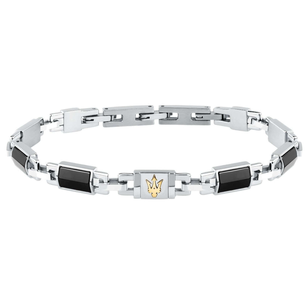 Ανδρικό βραχιόλι Maserati Ceramic JM425ATZ69 από ανοξείδωτο ατσάλι και κεραμικό, σε ασημί-μαύρο με χρυσή τρίαινα.