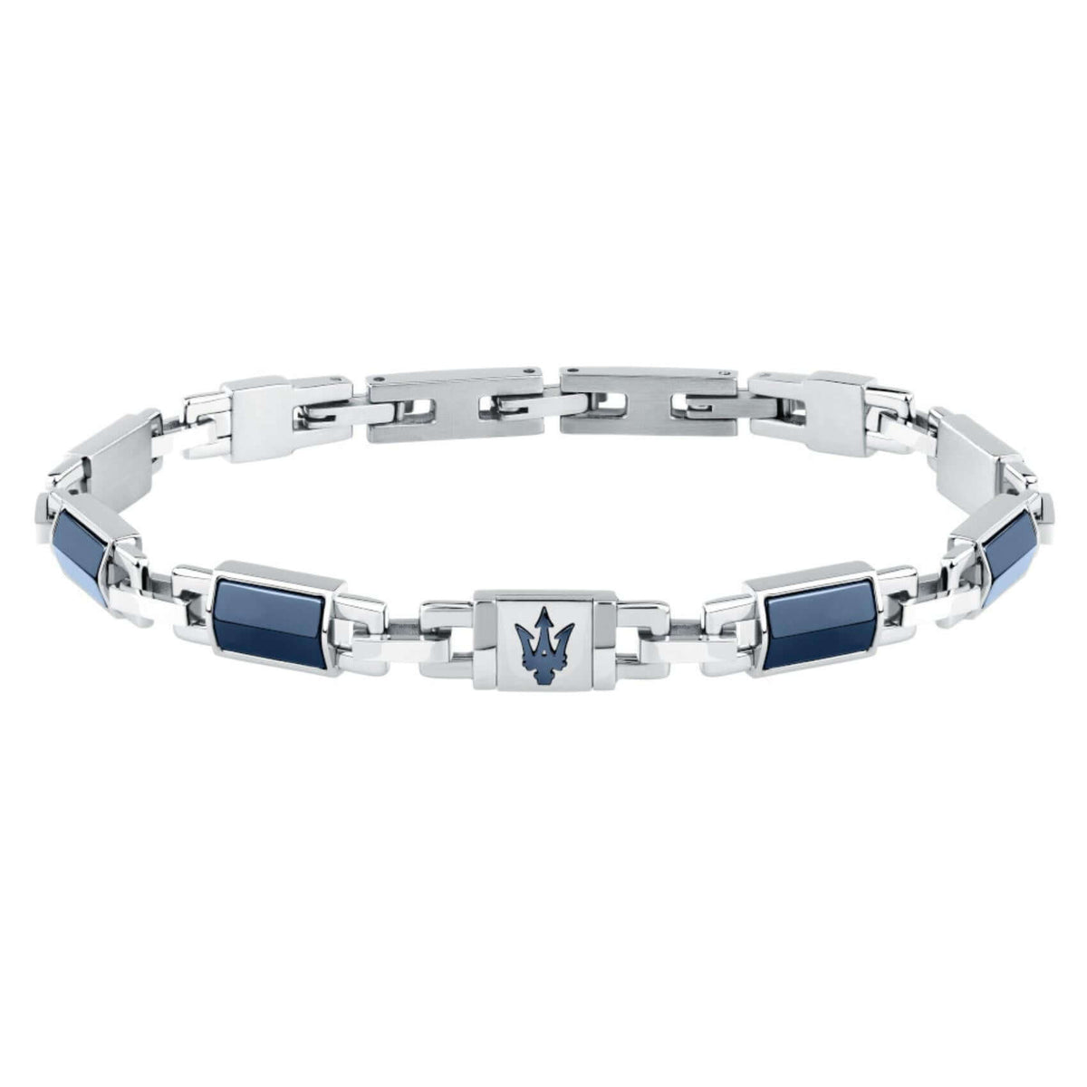 Ανδρικό βραχιόλι Maserati Ceramic JM425ATZ70 από ανοξείδωτο ατσάλι και κεραμικό, σε ασημί-μπλε με μπλε τρίαινα.