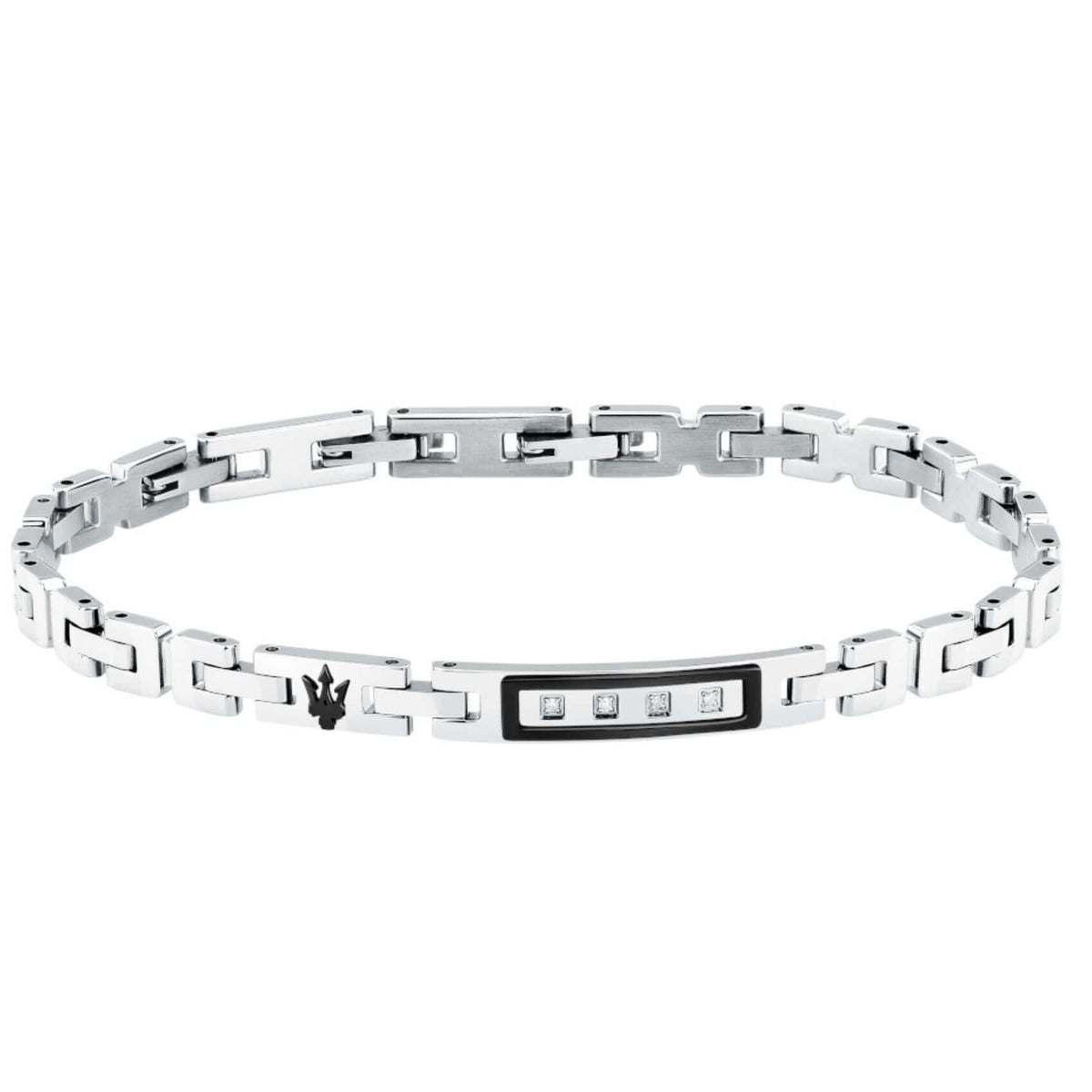 Ανδρικό βραχιόλι Maserati Diamonds JM125ATY21 ασημί ατσάλινο με μαύρο κεραμικό, διαμαντάκια και μάυρη τρίαινα.