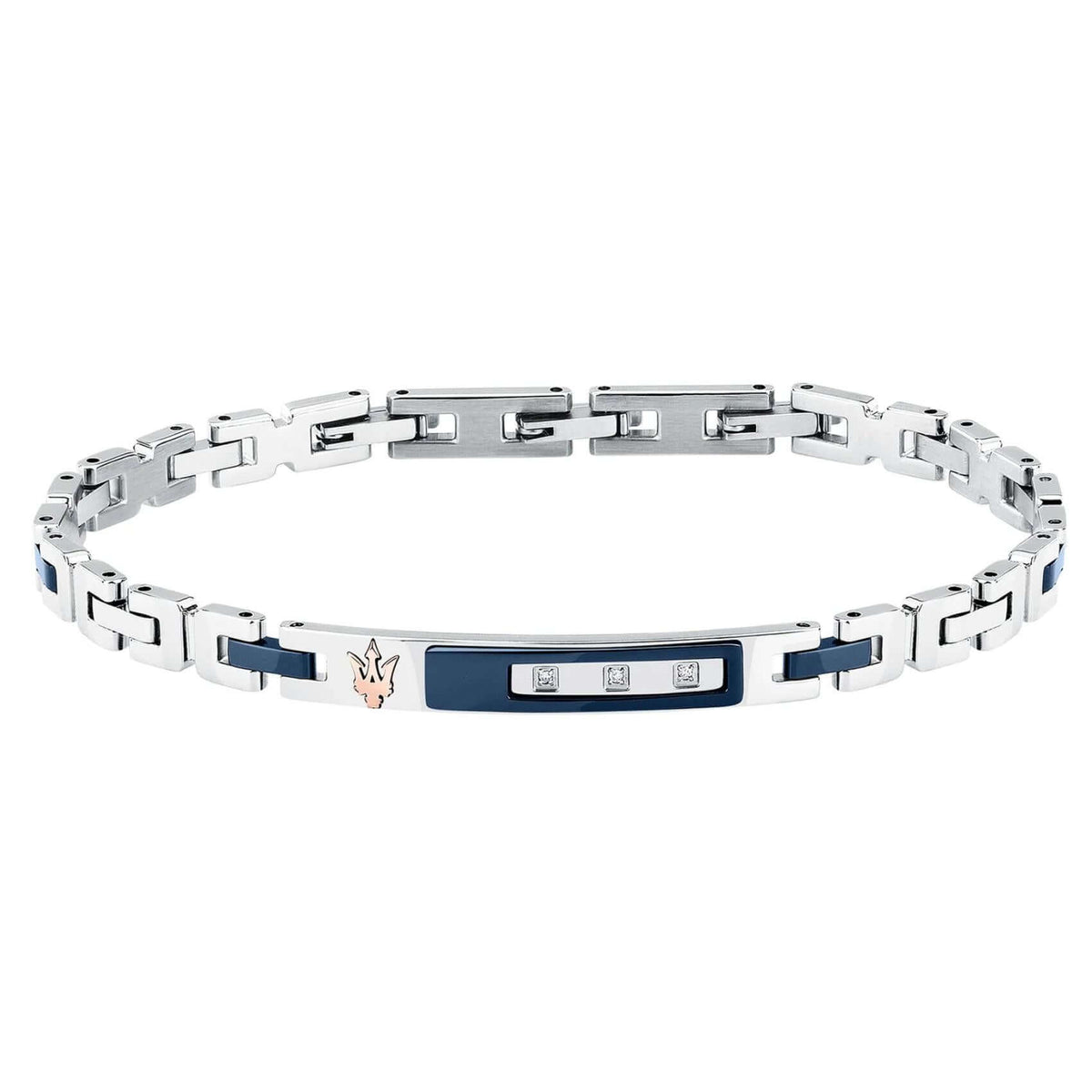 Ανδρικό βραχιόλι Maserati Diamonds JM125ATY22 από ανοξείδωτο ατσάλι και κεραμικό, σε ασημί-μπλε με διαμαντάκια 0.0135ct και ροζ χρυσή τρίαινα.