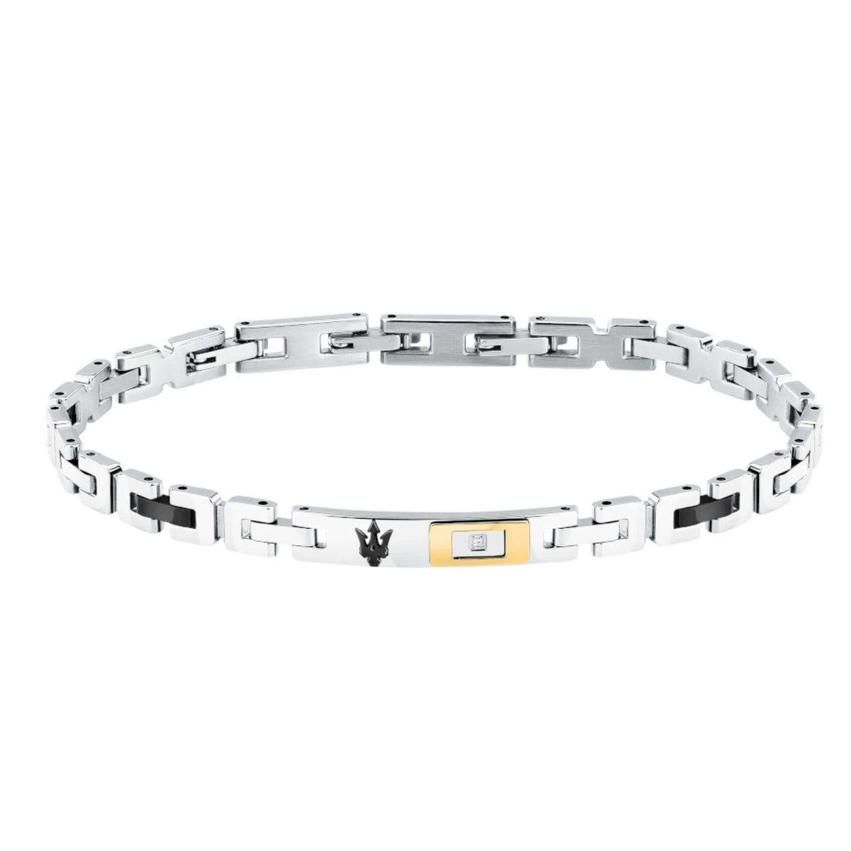 Ανδρικό βραχιόλι Maserati Diamonds JM125ATY24 από ανοξείδωτο ατσάλι και κεραμικό, ασημί-μαύρο με διαμαντάκια και μαύρη τρίαινα.