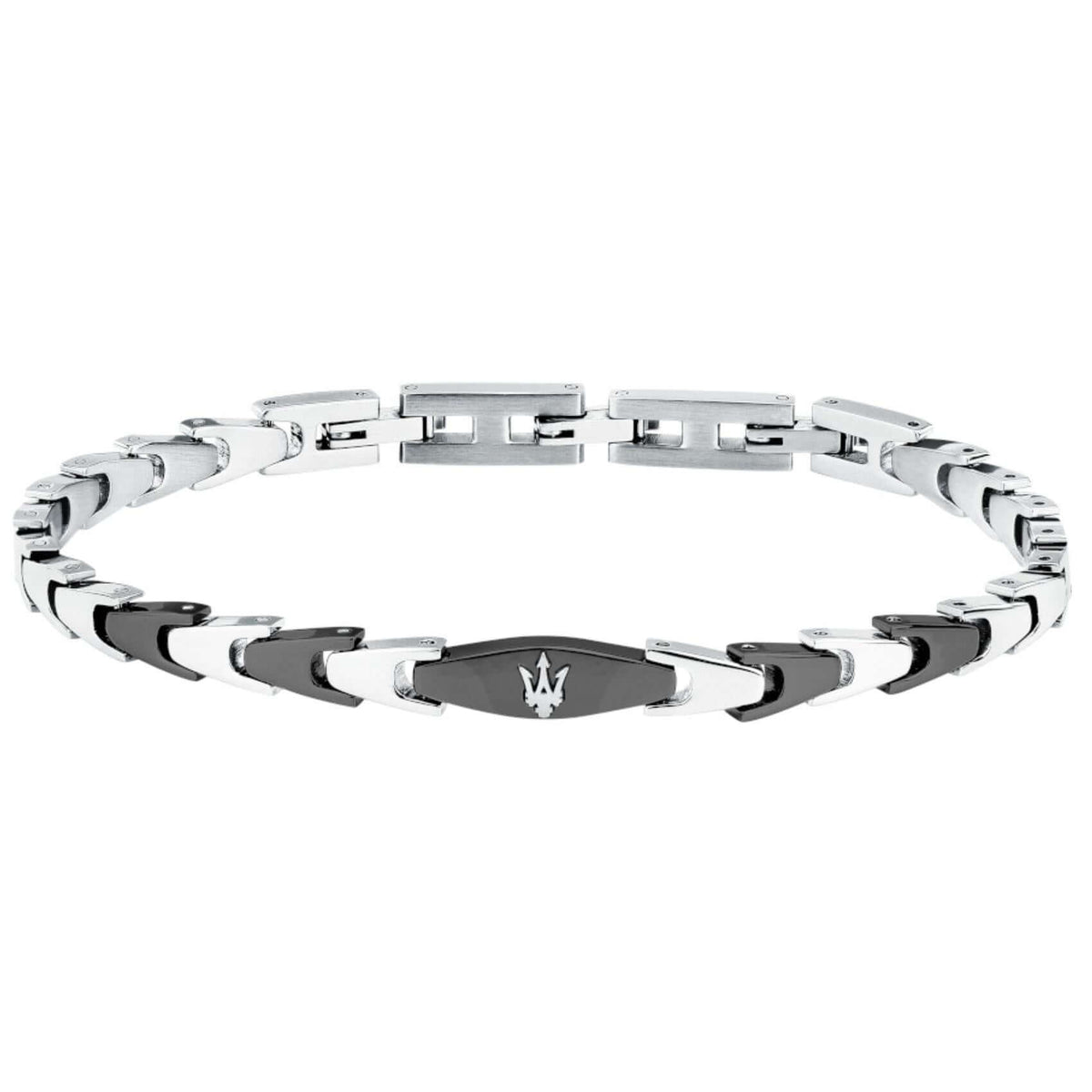 Ανδρικό βραχιόλι Maserati Iconic JM225AVD83 από ανοξείδωτο ατσάλι, με ασημί-μαύρο μπρασελέ και ασημένια τρίαινα.