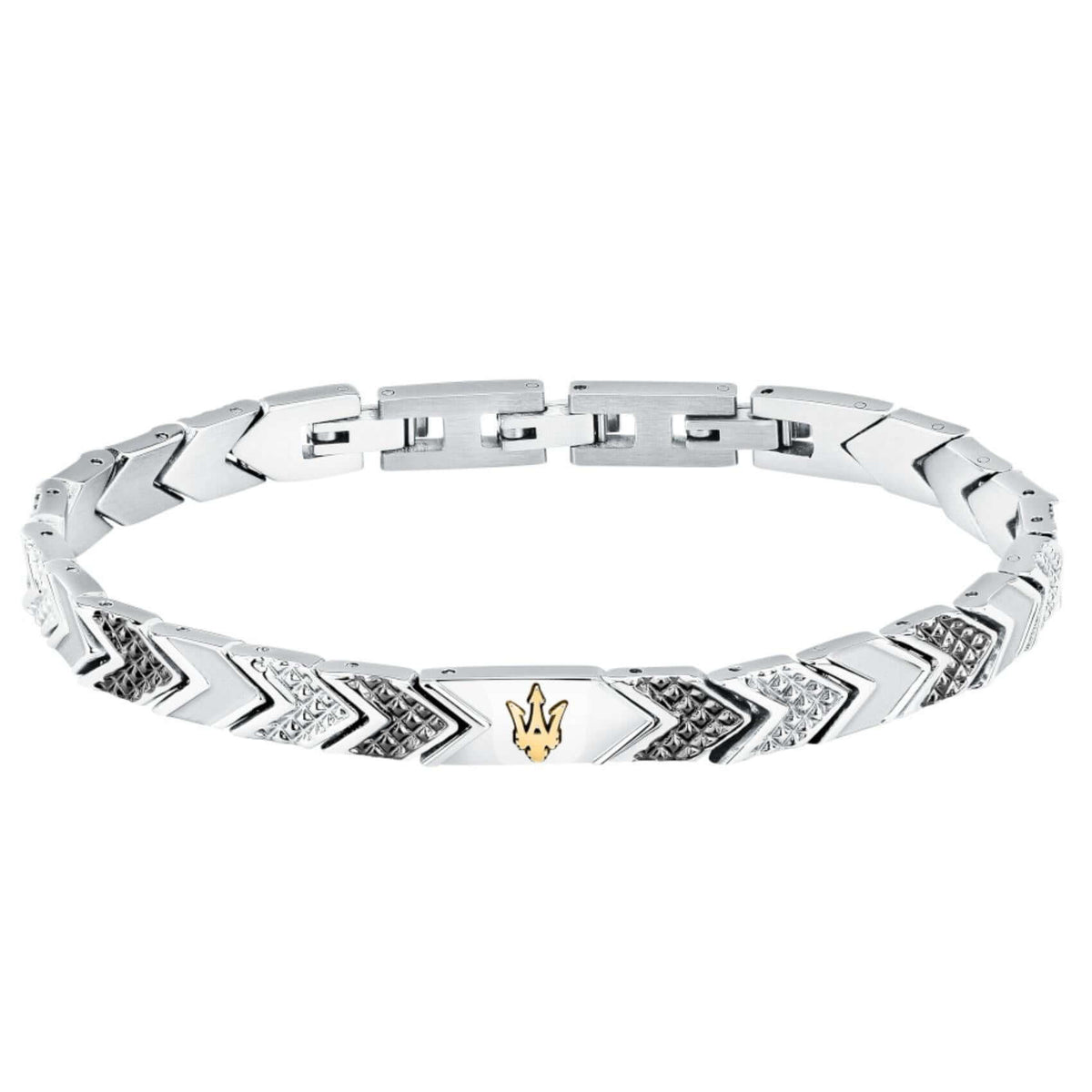 Ανδρικό βραχιόλι Maserati Iconic JM225AVD89 από ανοξείδωτο ατσάλι, με ασημί-γκρι μπρασελέ διακοσμημένο με πέτρες και χρυσή τρίαινα.