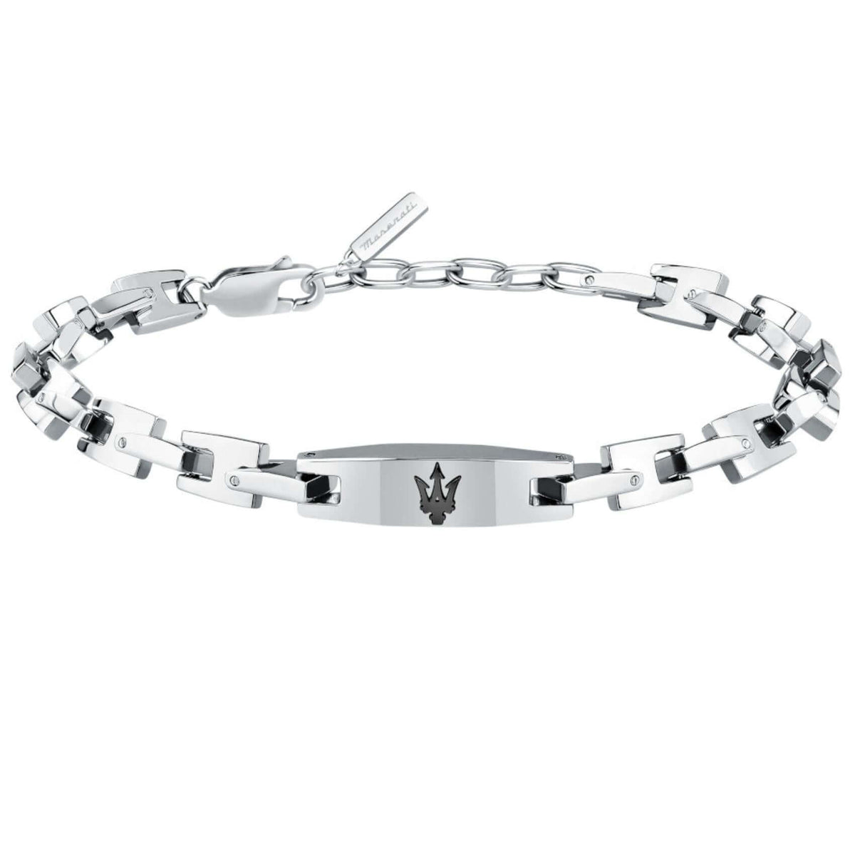 Ανδρικό βραχιόλι Maserati Iconic JM425AVD106 από ανοξείδωτο ατσάλι σε ασημί χρώμα, με μαύρη τρίαινα.