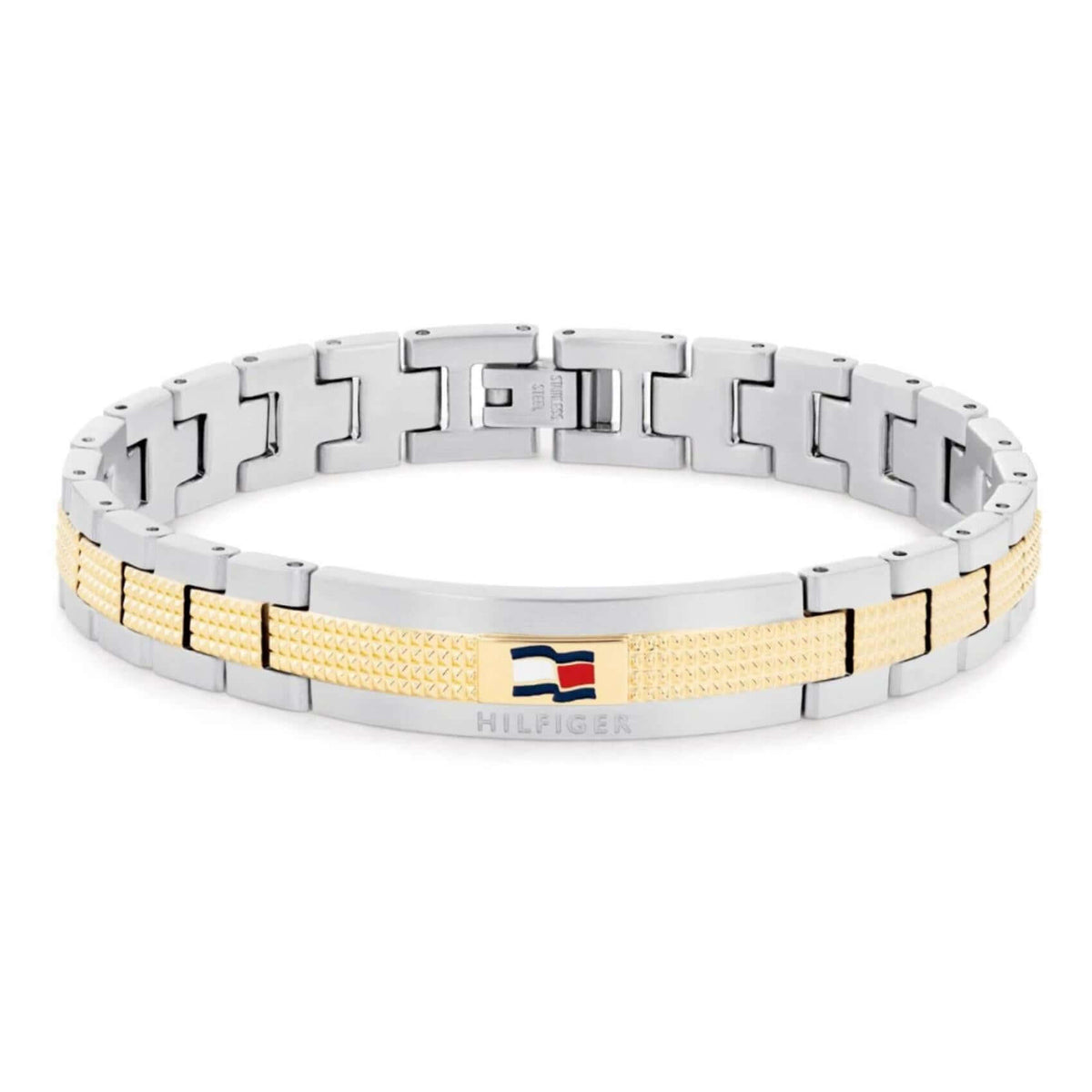 Ανδρικό ατσάλινο βραχιόλι Tommy Hilfiger 2790642 χειροπέδα δίχρωμο σε ασημένιο χρώμα με χρυσές λεπτομέρεις και σχέδιο μπρασελέ.