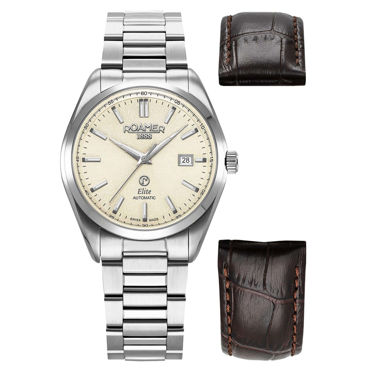 Αυτόματο ρολόι Roamer Elite 970983-41-05-20 με ασημί μπρασελέ & μπεζ καντράν διαμέτρου 42mm με ζαφείρι.