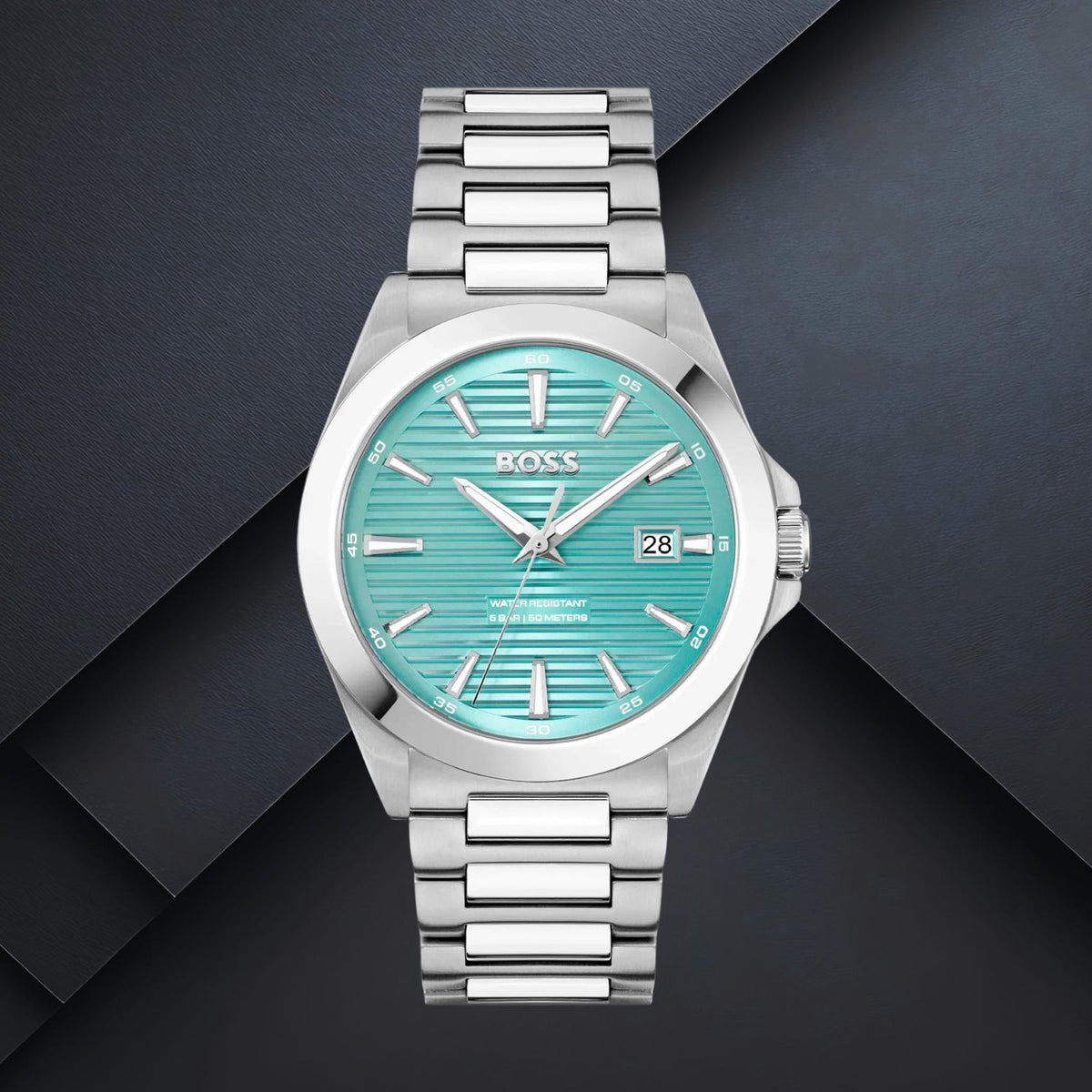 Ανδρικό ρολόι Boss Strike 1514171 με τιρκουάζ καντράν 41mm, στεγανότητα 5ATM και ασημί μπρασελέ