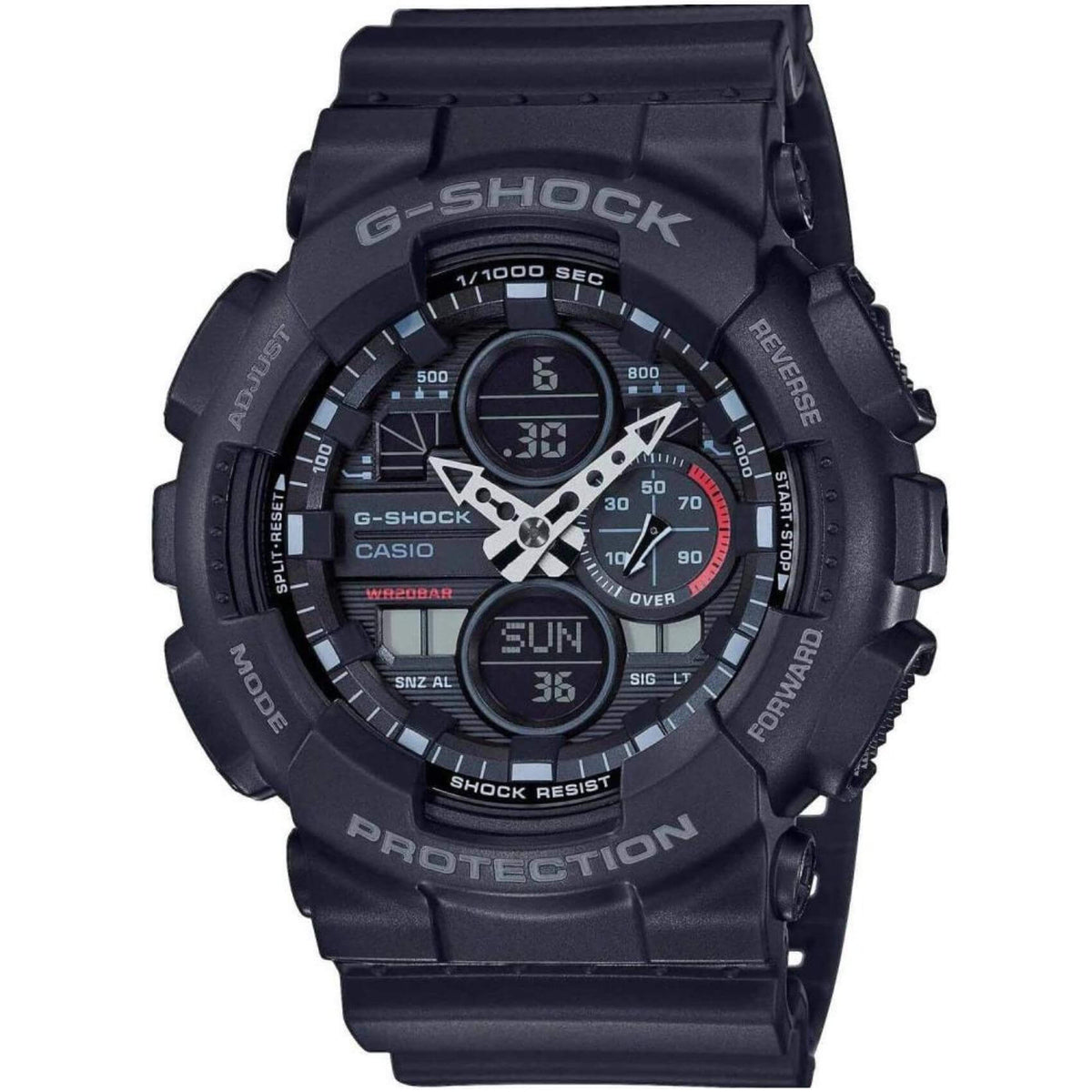 Ρολόι χρονογράφος Casio G-Shock GA-140-1A1ER που συνδυάζει μαύρο καουτσούκ λουράκι και μαύρο καντράν μεγέθους 51mm.