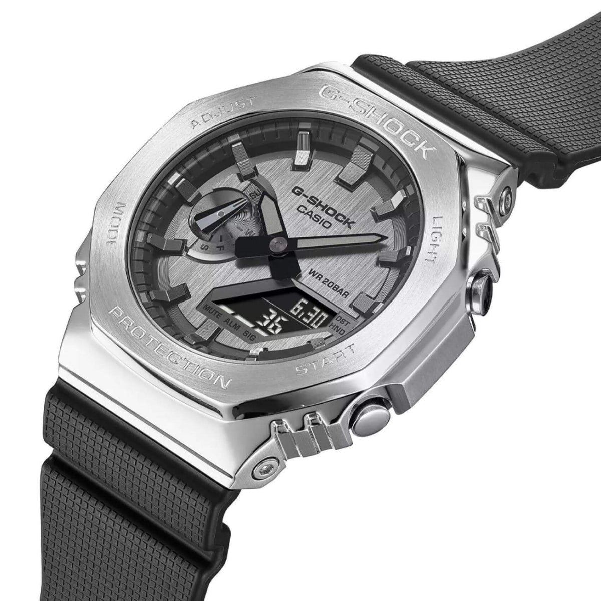 Ρολόι χρονογράφος Casio G-Shock GM-2100-1AER με μαύρο καουτσούκ λουράκι, γκρι καντράν μεγέθους 44.4mm anadigi κατάλληλο για καταδύσεις.