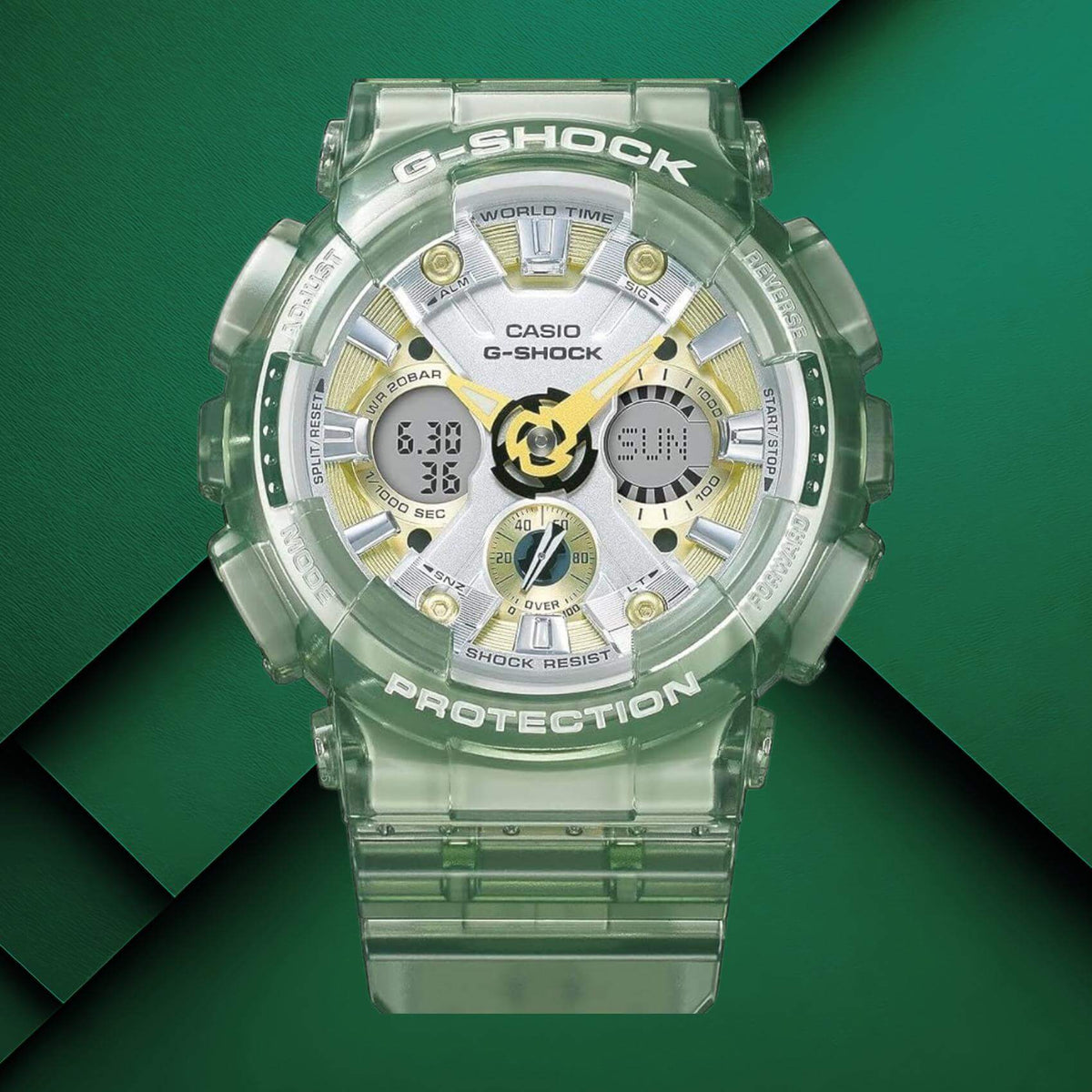 Γυναικείο ρολόι Casio G-SHOCK GMA-S120GS-3AER με πράσινο καουτσούκ λουράκι σε background.
