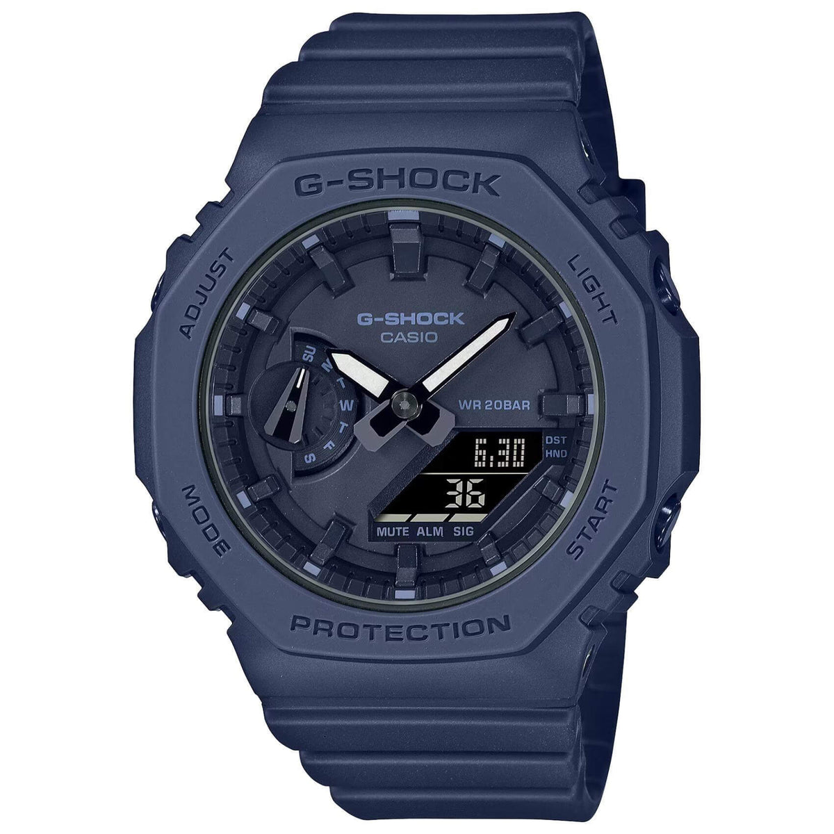 Ρολόι χρονογράφος Casio G-Shock GMA-S2100BA-2A1ER που συνδυάζει μπλε λουράκι από καουτσούκ και μπλε καντράν διαμέτρου 42.9mm.