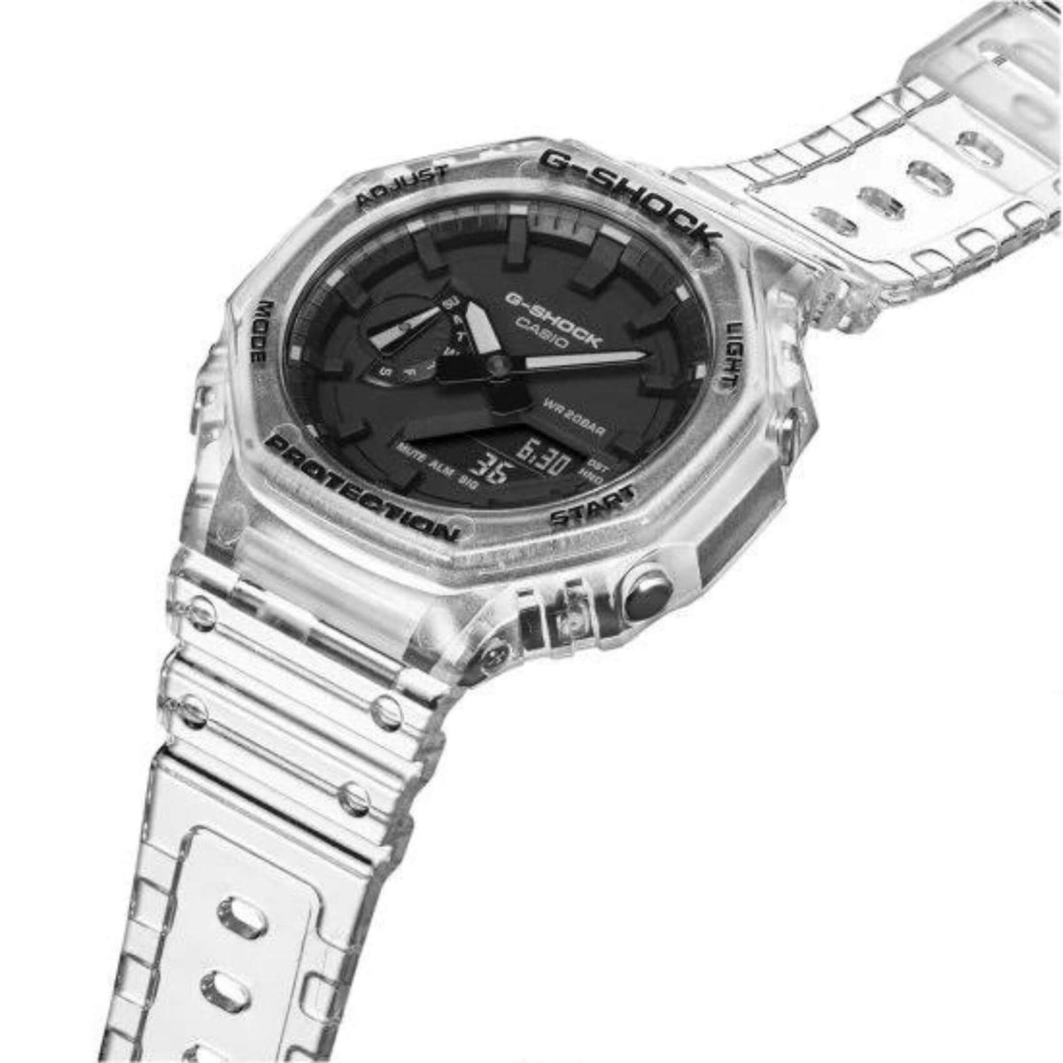 Ρολόι χρονογράφος Casio G-Shock GA-2100SKE-7AER με διάφανο καουτσούκ λουράκι, μαύρο καντράν σε οκτάγωνο σχημα με ψηφιακή ένδειξη και στεγανότητα 20ATM-200Μ.