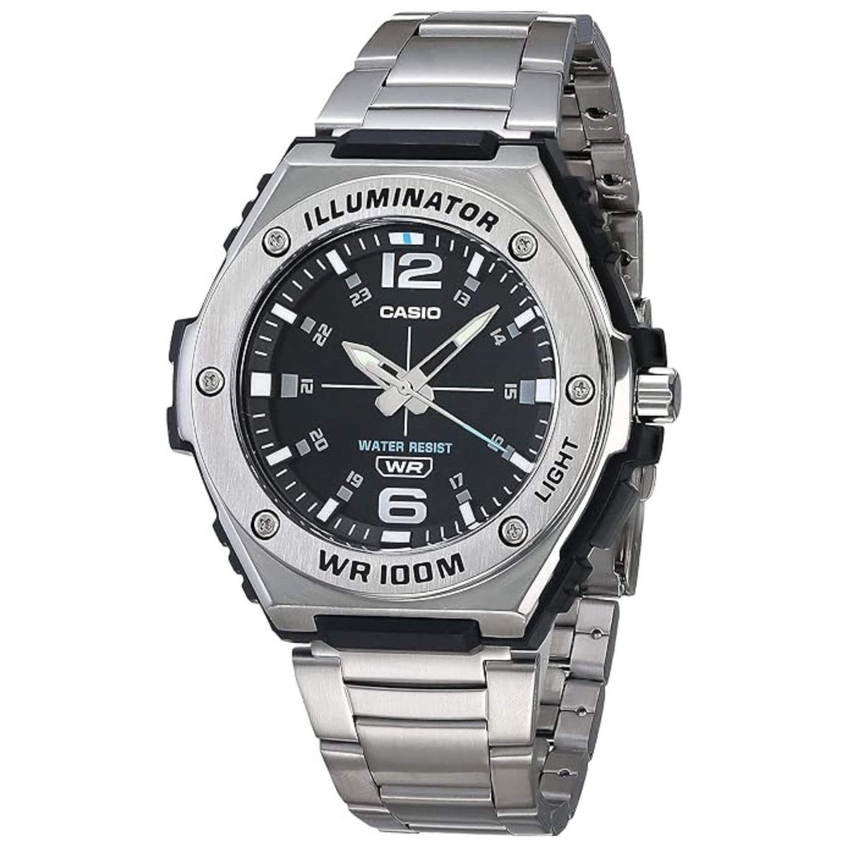 Ρολόι Casio Illuminator WS-1400H-1AVEF με ασημί μεταλλικό μπρασελέ και μαύρο καντράν με αναλογική ένδειξη, αδιάβροχο στα 10ATM-100M.