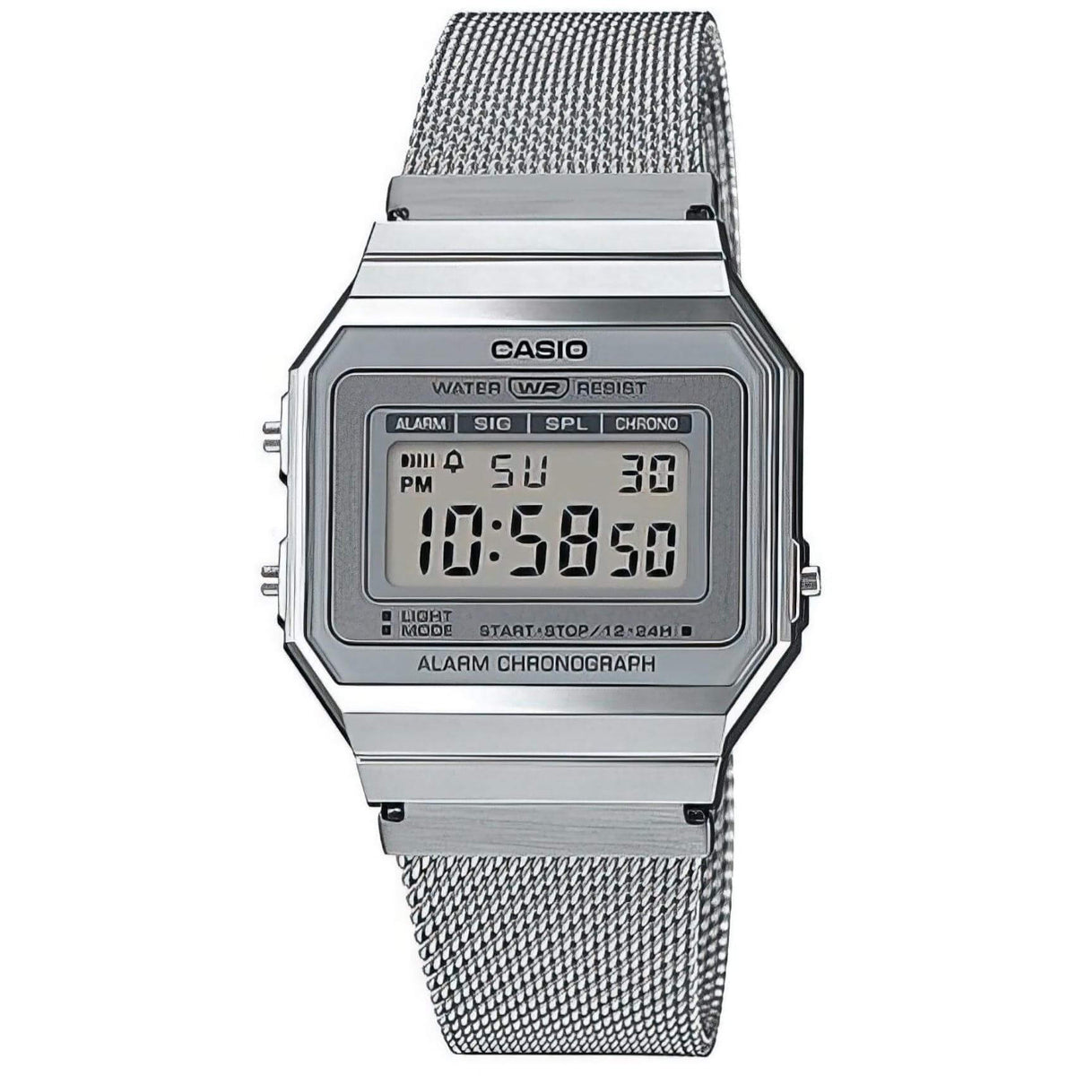 Ρολόι Casio Vintage A-700WEM-7AEF που συνδυάζει ασημί μπρασελέ από ανοξείδωτο ατσάλι και ασημί καντράν με πλαίσιο σε τετράγωνο σχήμα και ψηφιακή ένδειξη. 