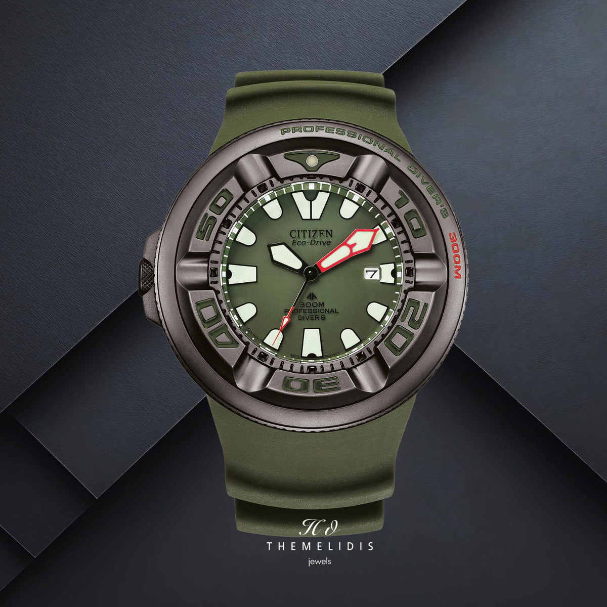 Καταδυτικό ρολόι Citizen Promaster Professional Diver 300 BJ8057-17X με πράσινο καντράν 48mm και πράσινο λουράκι από καουτσούκ.