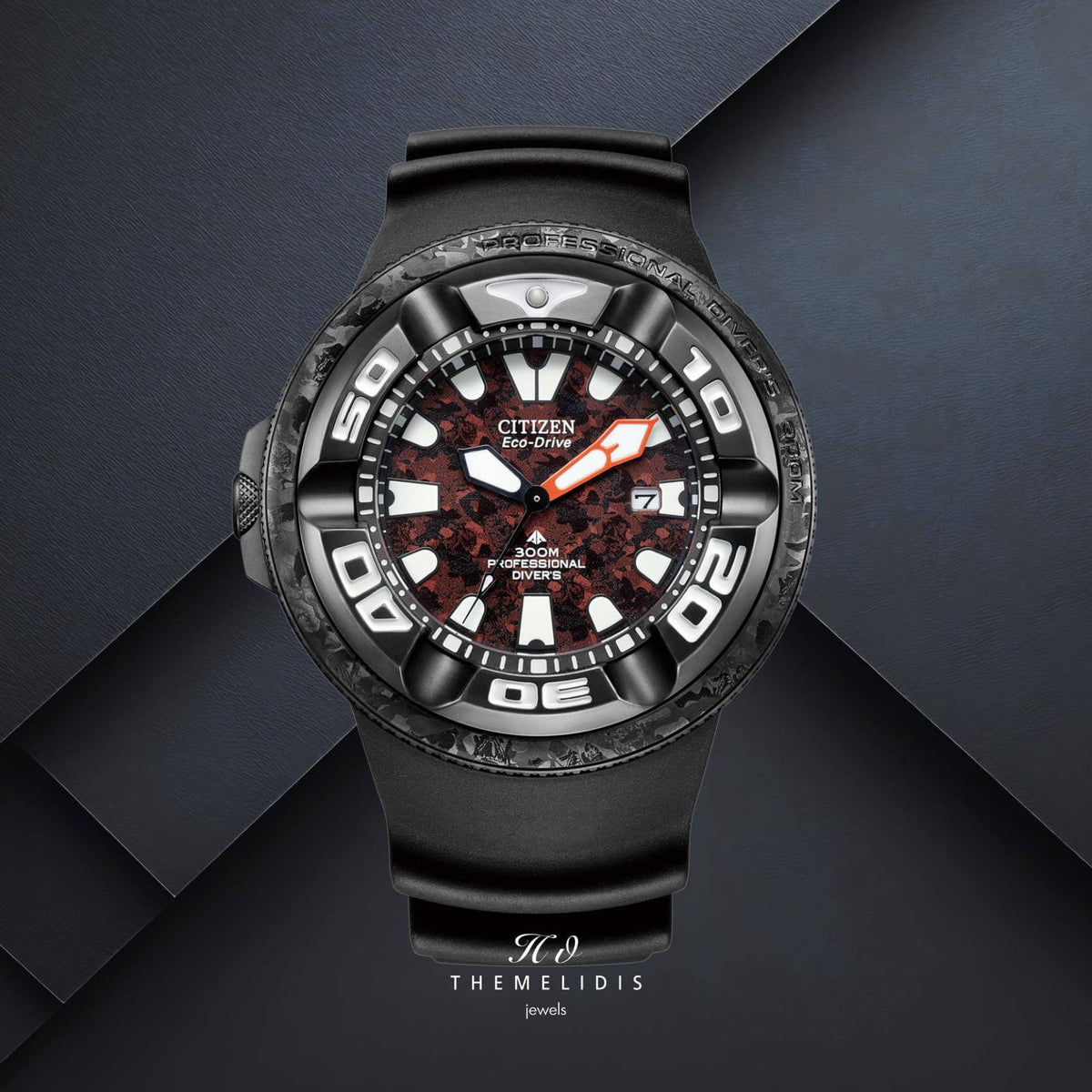 Citizen Promaster Professional Diver 300 Godzilla BJ8059-03Z με κόκκινο καντράν 48mm και μαύρο λουράκι από καουτσούκ.