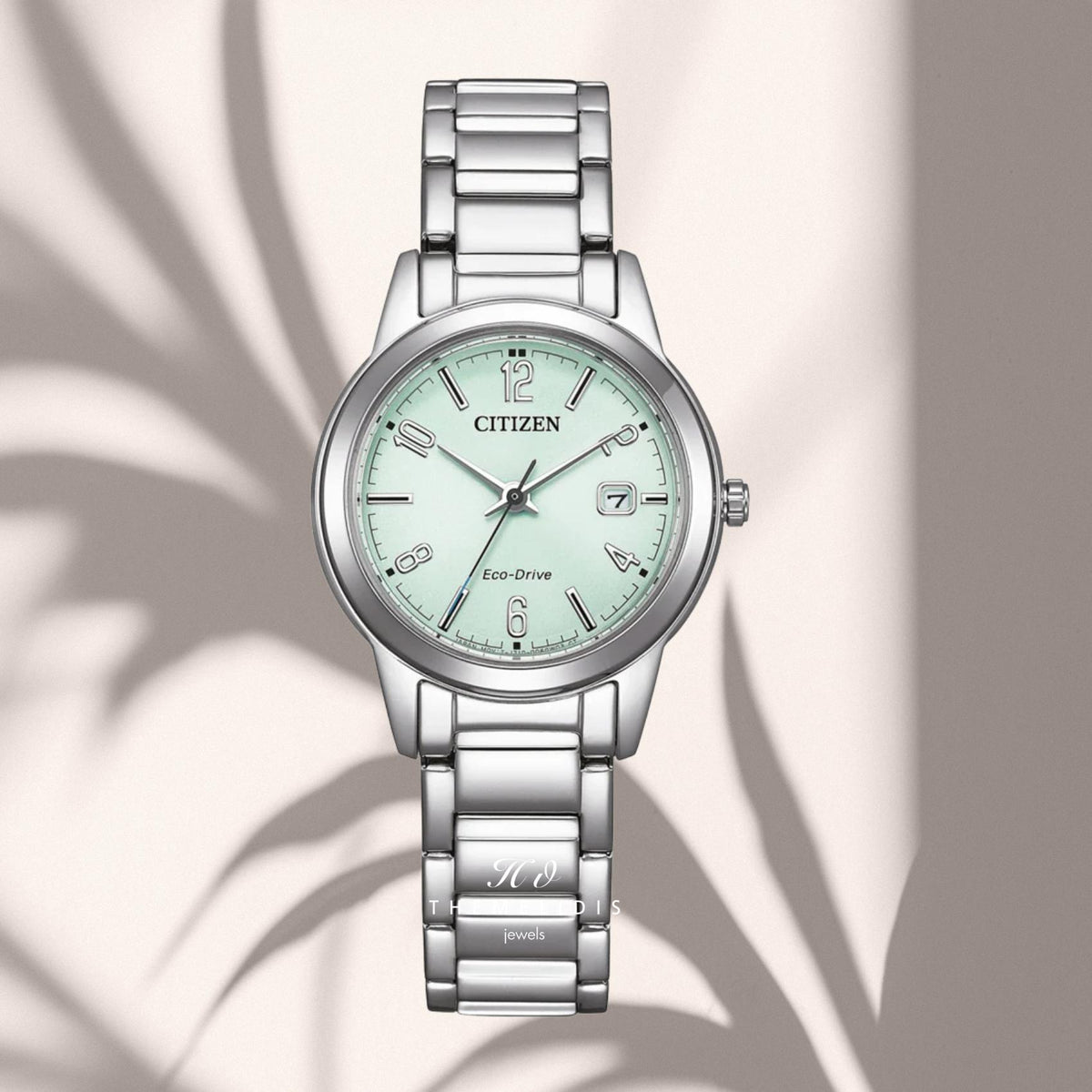 Γυναικείο ρολόι Citizen Elegance FE1241-71X με ανοιχτό πράσινο καντράν 29mm με ένδειξη ημερομηνίας, στεγανότητα 3ATM και ασημί μπρασελέ από ανοξείδωτο ατσάλι