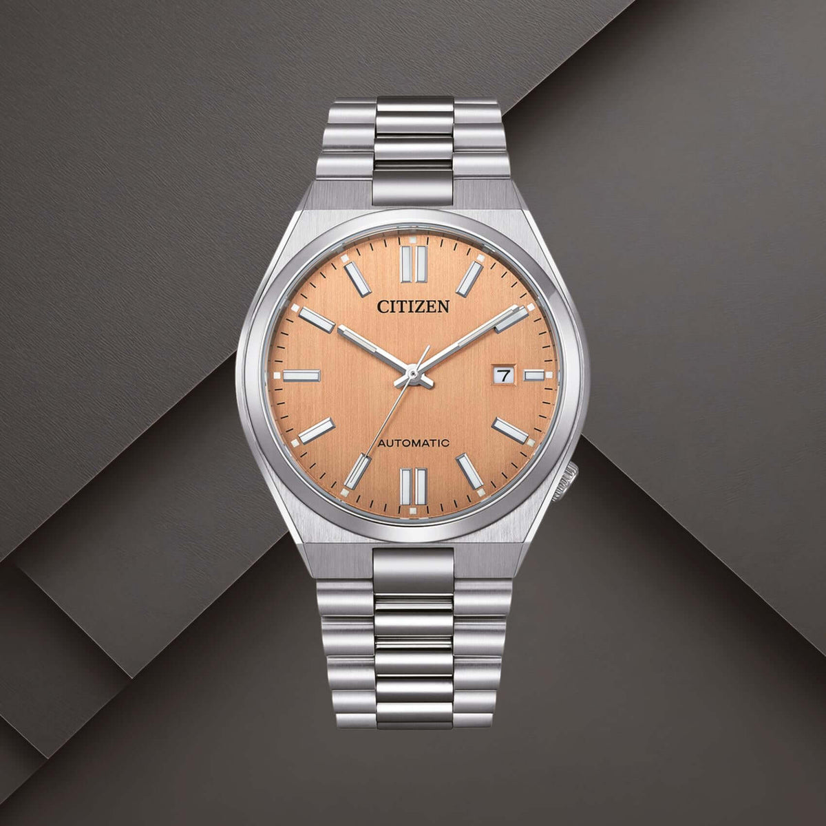 Ανδρικό ρολόι Citizen Tsuyosa NJ0159-86Z με πορτοκαλί καντράν 40mm, ένδειξη ημερομηνίας και ασημί μπρασελέ.