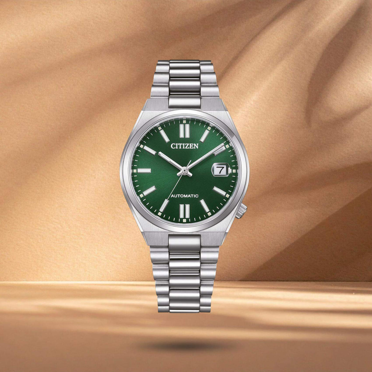 Γυναικείο αυτόματο ρολόι Citizen Tsuyosa NJ0200-50X με πράσινο καντράν 37mm, ένδειξη ημερομηνίας και ασημί μπρασελέ.