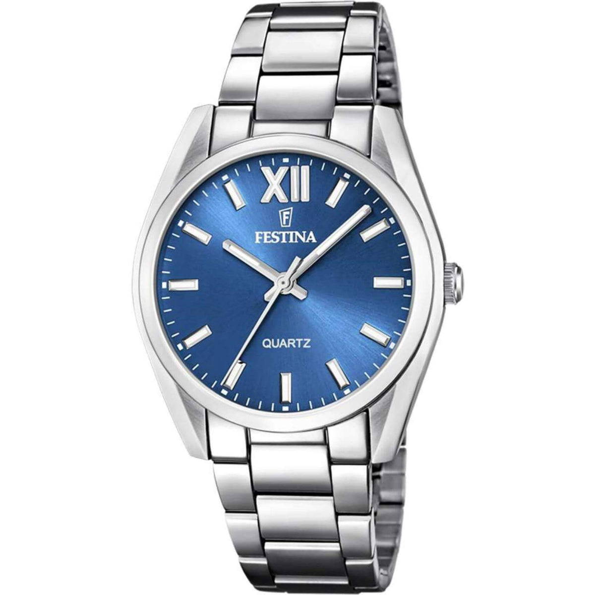 Γυναικείο ρολόι Festina Alegria F20622/5 με ασημί ατσάλινο μπρασελέ, μπλε καντραν, μηχανισμό μπαταρίας, στρογγυλό στεφάνι με διάμετρο 37mm αδιάβροχο στις 5ΑΤΜ-50Μ.