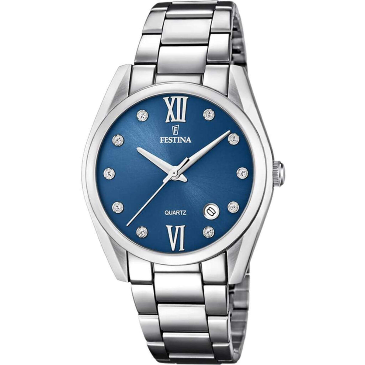 Ρολόι Festina Boyfriend F16790/C με ασημί ατσάλινο μπρασελέ, μπλε καντραν με ζιργκόν, μηχανισμό μπαταρίας με ένδειξη ημερομηνίας, στρογγυλό στεφάνι με διάμετρο 37mm αδιάβροχο στις 5ΑΤΜ-50Μ.