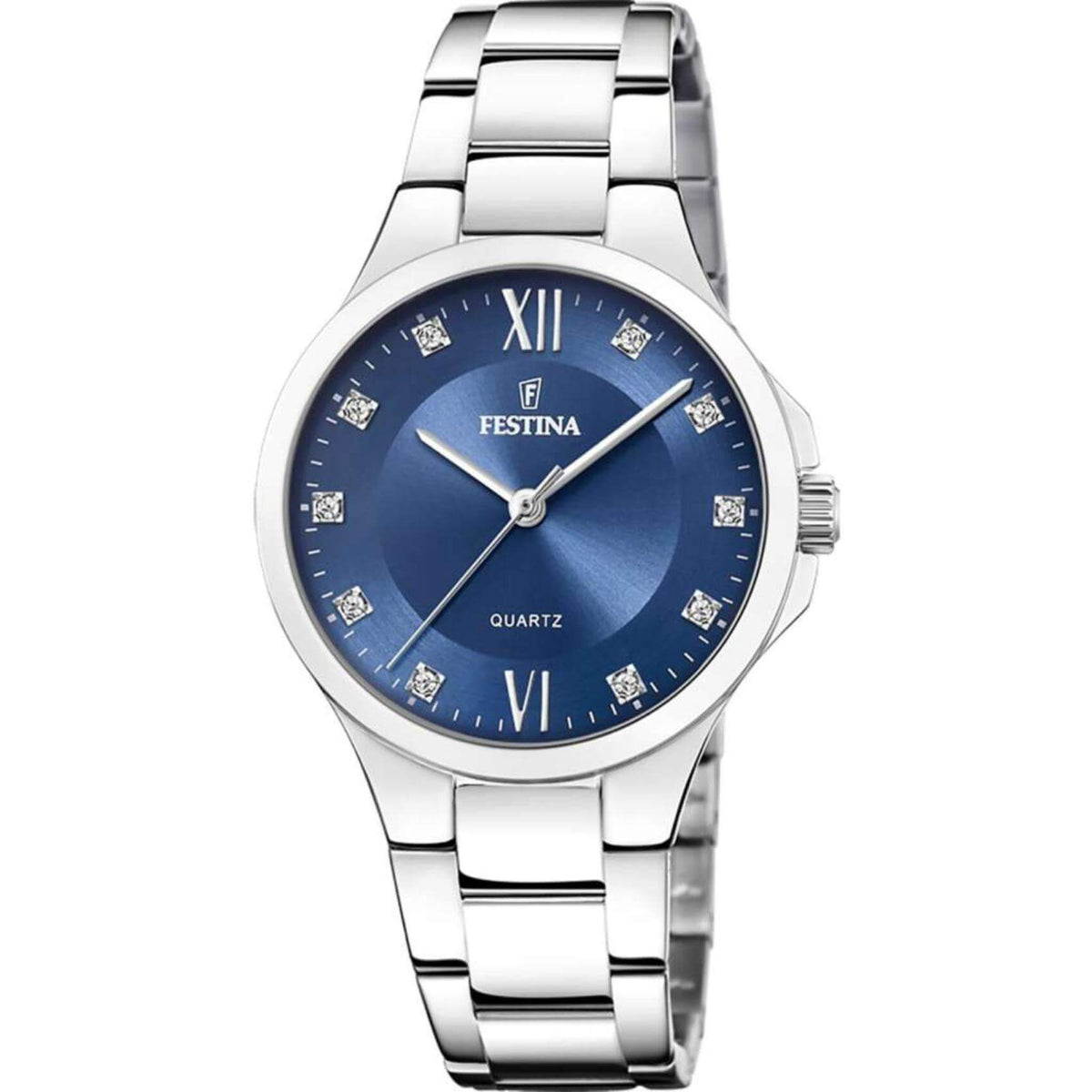 Γυναικείο ρολόι Festina Mademoiselle F20582/3 με ασημί ατσάλινο μπρασελέ, μπλε καντραν με ζιργκόν, μηχανισμό μπαταρίας στρογγυλό στεφάνι με διάμετρο 34mm, αδιάβροχο στις 5ΑΤΜ-50Μ.