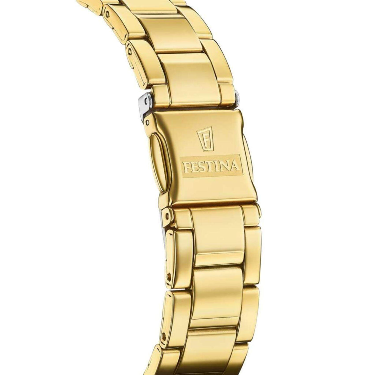 Ρολόι Festina Mademoiselle F20596/1 με χρυσό ατσάλινο μπρασελέ, άσπρο καντραν με ζιργκόν, μηχανισμό μπαταρίας και στρογγυλό σχήμα με διάμετρο 34,5mm αδιάβροχο στις 5ΑΤΜ-50Μ.