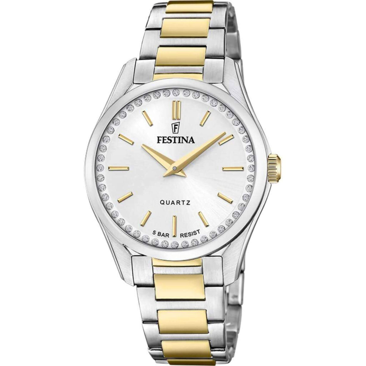 Γυναικείο ρολόι Festina Mademoiselle F20619/1 με δίχρωμο ασημί-χρυσό ατσάλινο μπρασελέ, ασημί καντραν με ζιργκόν, μηχανισμό μπαταρίας, στρογγυλό στεφάνι με διάμετρο 35,5mm αδιάβροχο στις 5ΑΤΜ-50Μ.