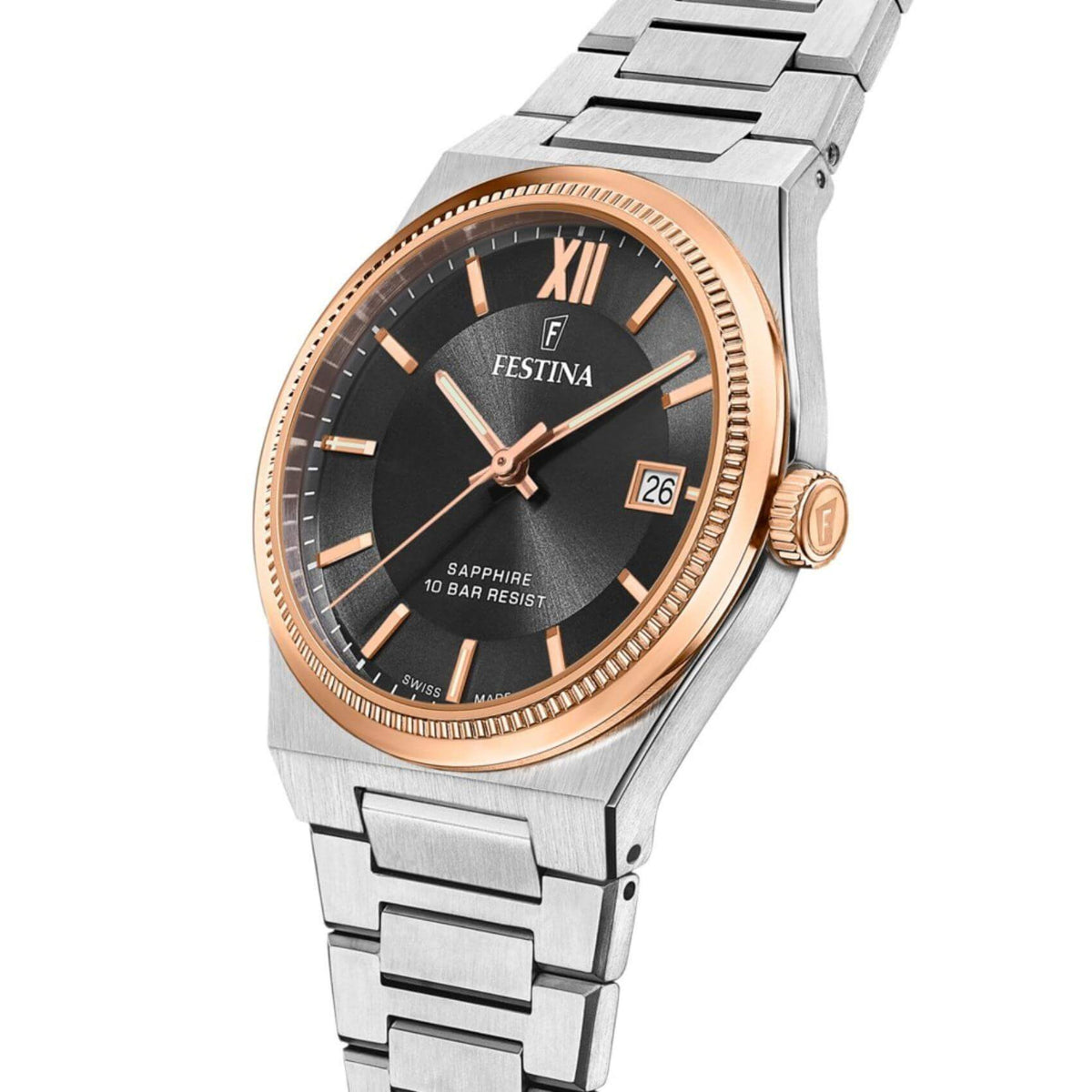Ρολόι Festina Swiss Made F20036/3 Με Ασημί Μπρασελέ & Μαύρο Καντράν