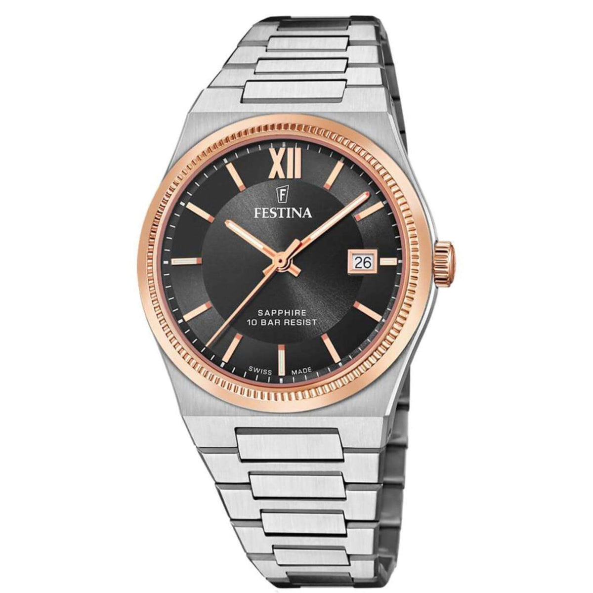 Ανδρικό ρολόι Festina Swiss Made F20036/3 με ασημί ατσάλινο μπρασελέ, μαύρο καντραν, τζαμάκι από αχάρακτο ζαφείρι μηχανισμό μπαταρίας με ένδειξη ημερομηνίας και στρογγυλό στεφάνι με διάμετρο 40mm, αδιάβροχο στις 10ΑΤΜ-100Μ.