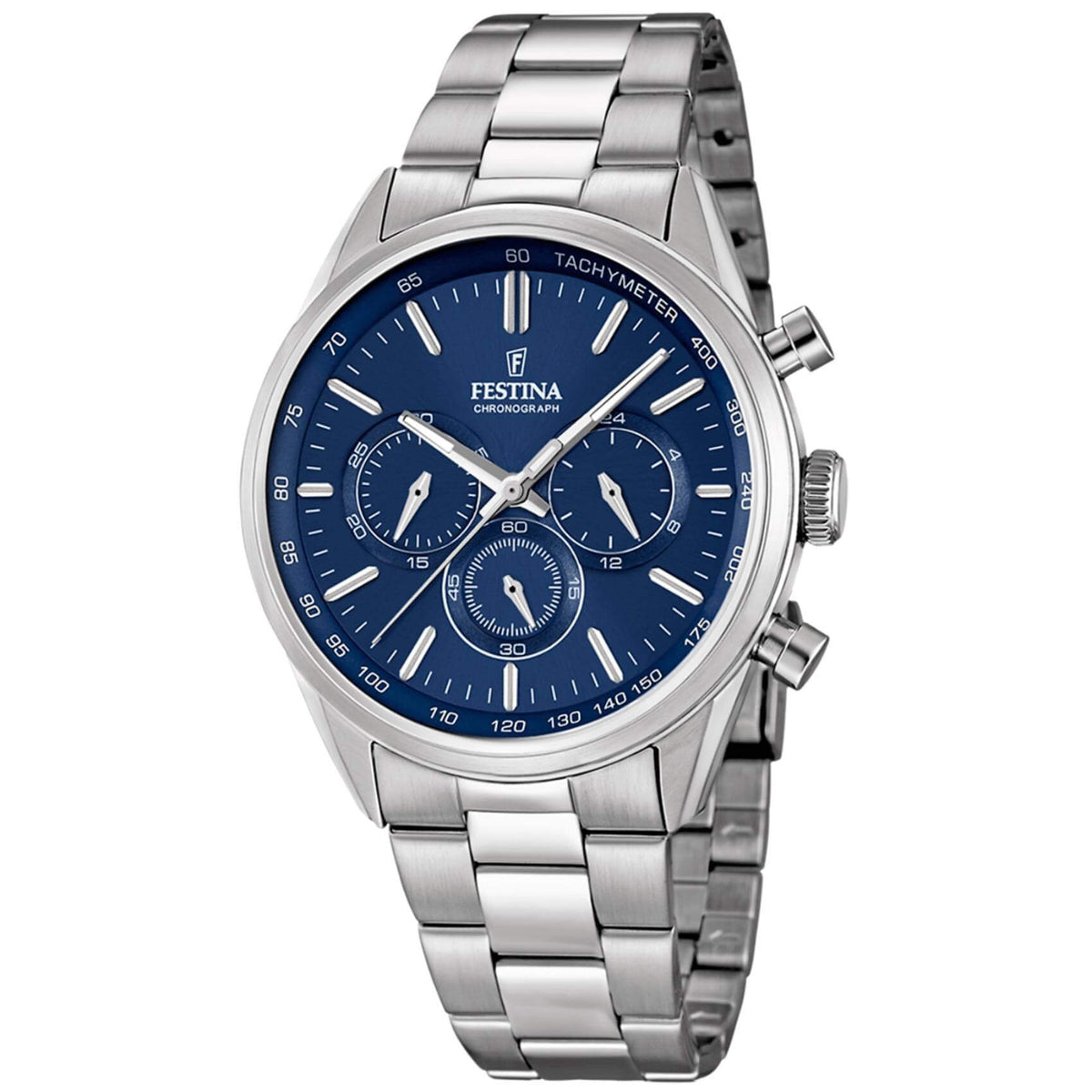 Αντρικό ρολόι Festina F16820/2 με ασημί ατσάλινο μπρασελέ, μπλε καντραν, μηχανισμό μπαταρίας quartz με ένδειξη ημερομηνίας και λειτουργία χρονογράφου, στρογγυλό στεφάνι με διάμετρο 43,5mm, αδιάβροχο στις 5ΑΤΜ-50Μ.