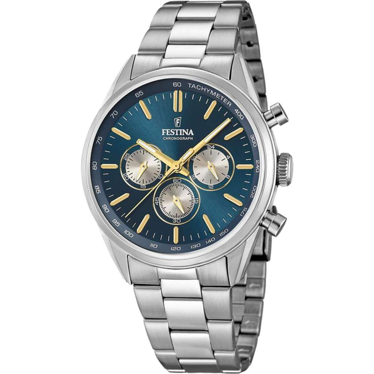 Αντρικό ρολόι Festina F16820/C με ασημί ατσάλινο μπρασελέ, τιρκουάζ καντραν, μηχανισμό μπαταρίας quartz με ένδειξη ημερομηνίας και λειτουργία χρονογράφου, στρογγυλό στεφάνι με διάμετρο 43,5mm, αδιάβροχο στις 5ΑΤΜ-50Μ.