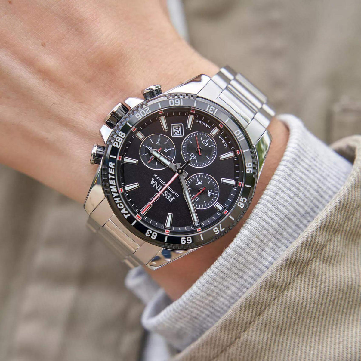 Ρολόι Festina F20560/6 Χρονογράφος Με Ασημί Μπρασελέ & Μαύρο Καντράν