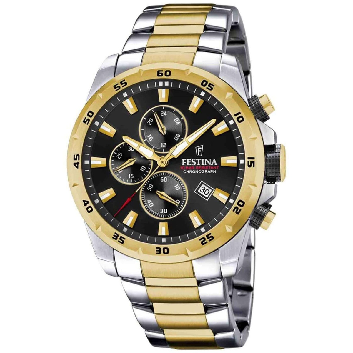 Ανδρικό ρολόι χρονογράφος Festina F20562/4 με δίχρωμο ασημί-χρυσό μπρασελέ και μαύρο καντράν διαμέτρου 45mm με ημερομηνία.