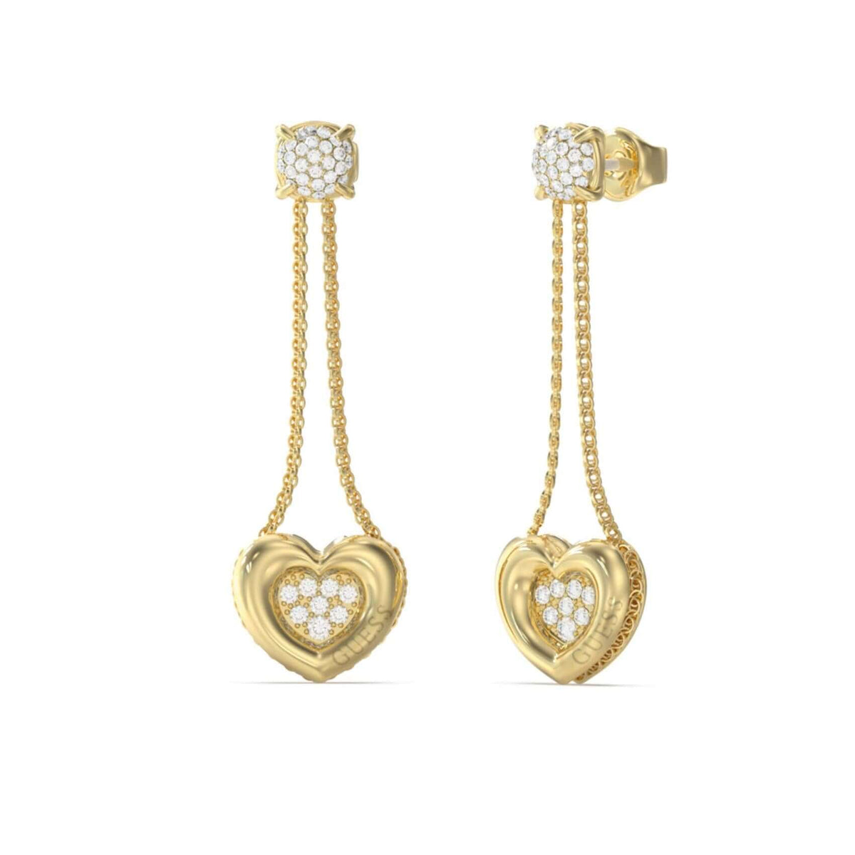 Γυναικεία κρεμαστά σκουλαρίκια Guess L.O.V.E. JUBE05462JWYGT/U από ανοξείδωτο ατσάλι σε χρυσό χρώμα με καρδιές και ζιργκόν.