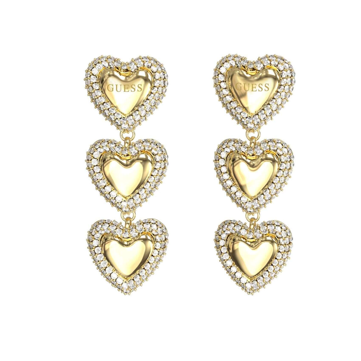 Γυναικεία σκουλαρίκια Guess Beloved JUBE06011JWYGT/U από ανοξείδωτο ατσάλι σε χρυσό χρώμα με καρδιές και ζιργκόν.