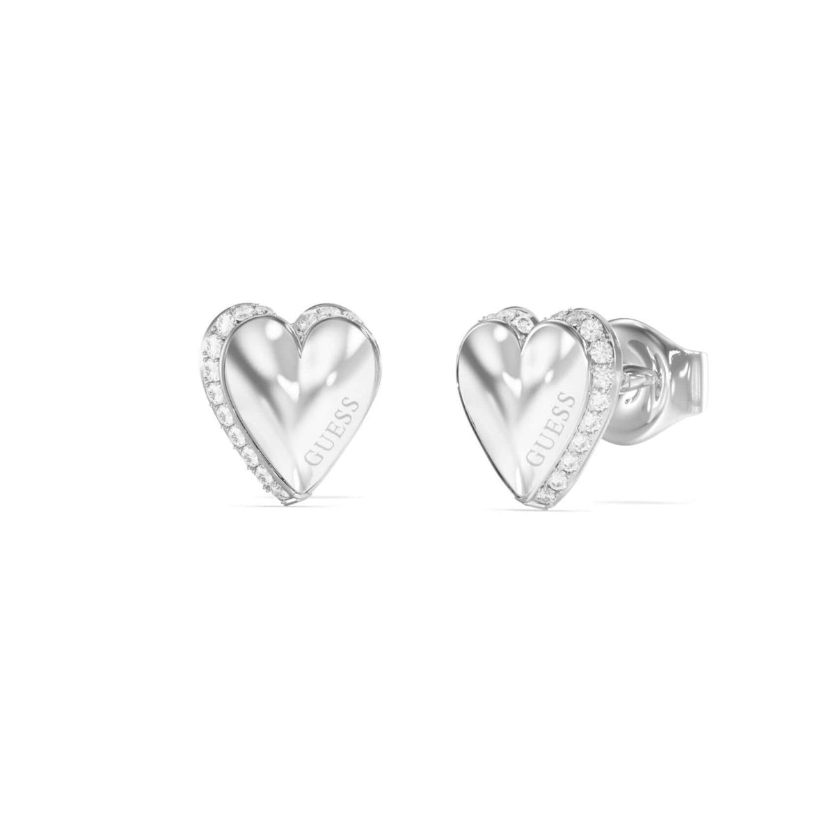 Γυναικεία σκουλαρίκια Guess By Your Side JUBE06092JWRHT/U από ανοξείδωτο ατσάλι σε ασημί χρώμα με καρδιές, ζιργκόν και λογότυπο Guess.