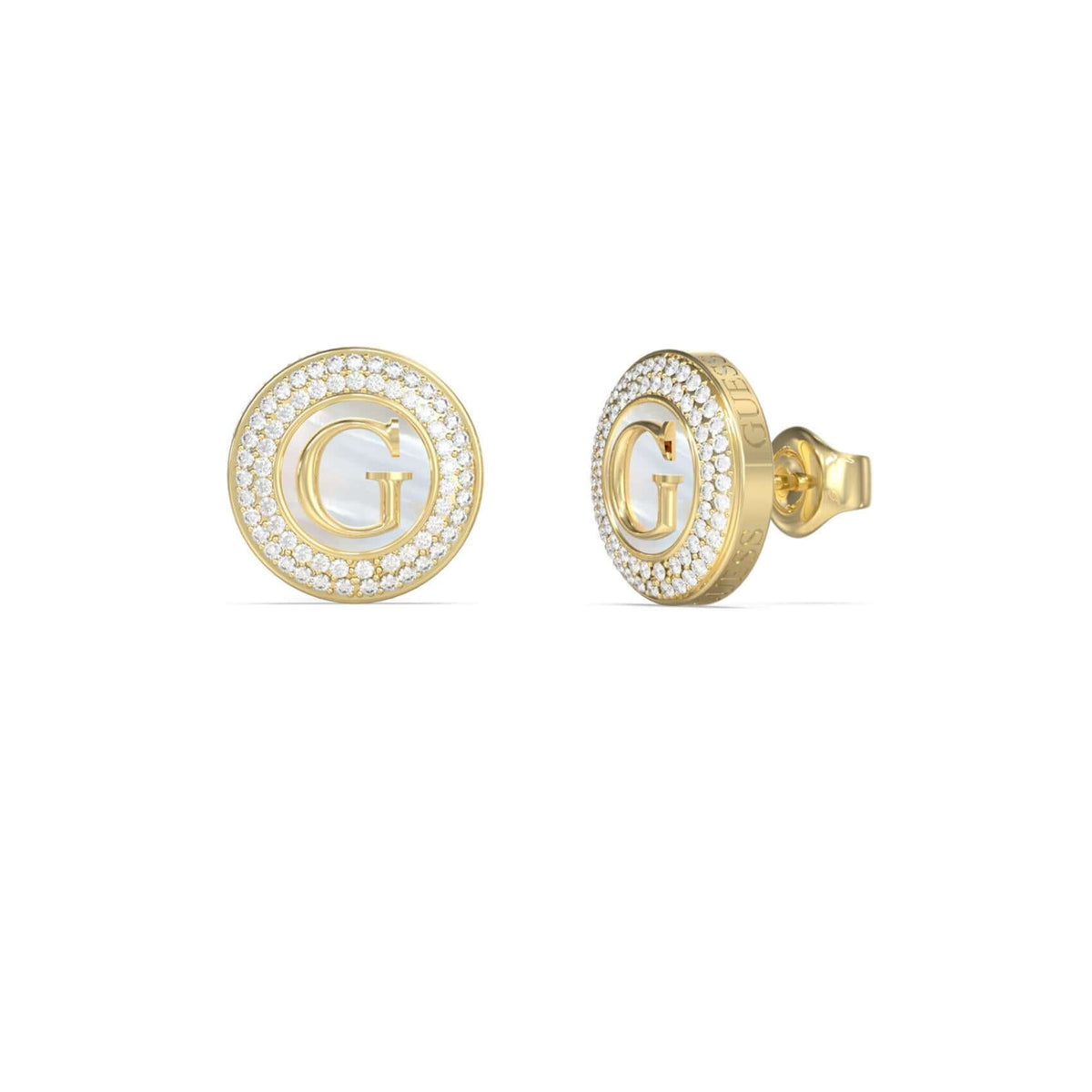 Γυναικεία σκουλαρίκια Guess G Talisman JUBE06205JWYGT-U σε χρυσό χρώμα με λογότυπο και πέτρες 1,4cm.