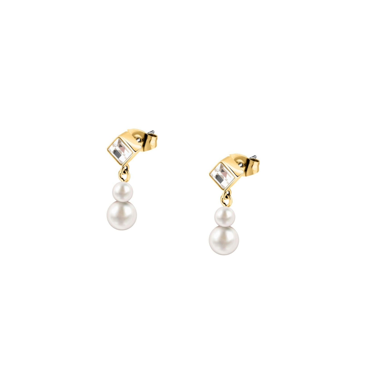 Γυναικεία σκουλαρίκια Karl Lagerfeld Pearl KLAYR22 σε διαγώνια λήψη από ανοξείδωτο ατσάλι σε χρυσό χρώμα με πέρλες.