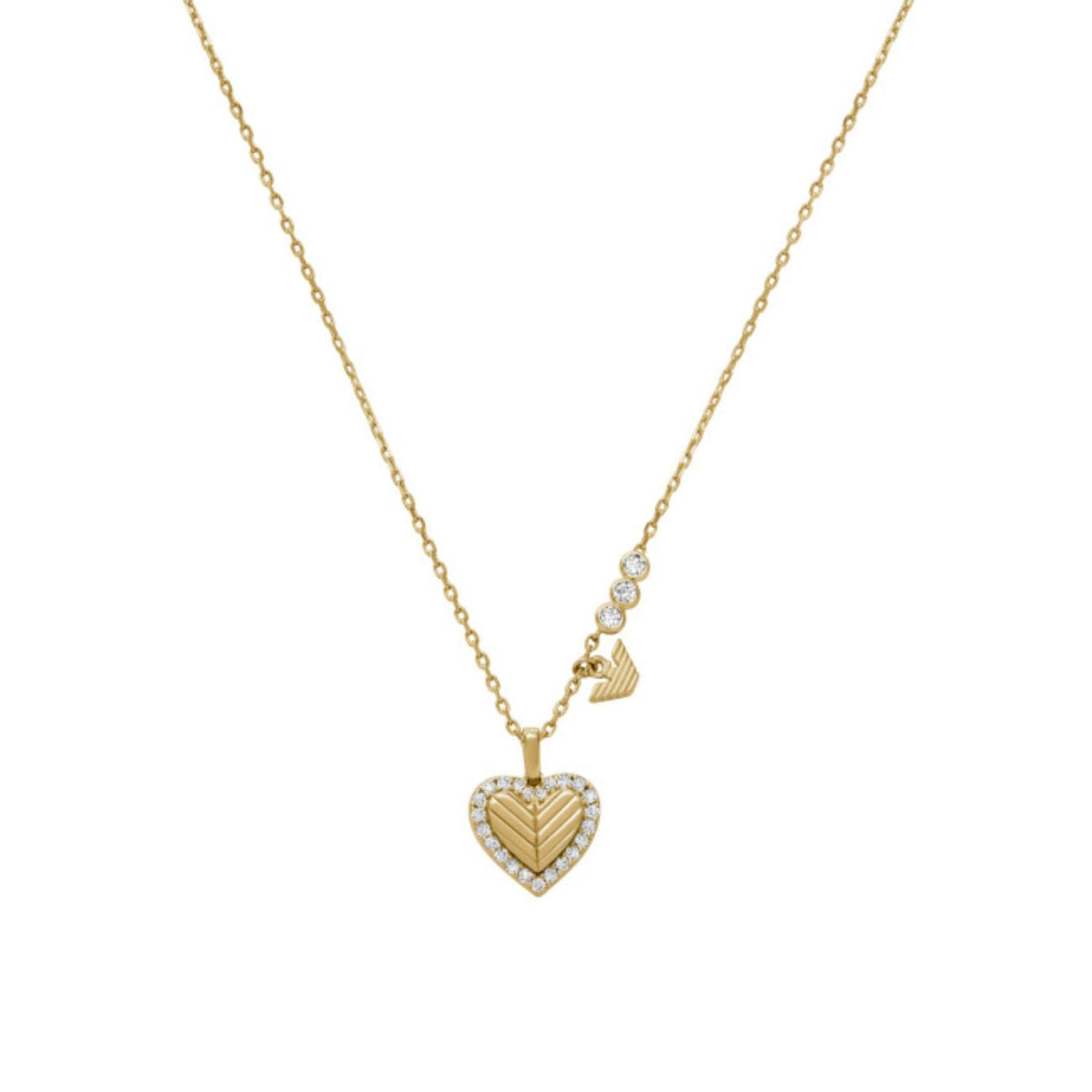 Λεπτομέρεια από το γυναικείο κολιέ Emporio Armani Sentimental EG3622710 με κρεμαστό καρδιά και λευκά ζιργκόν σε χρυσό χρώμα.